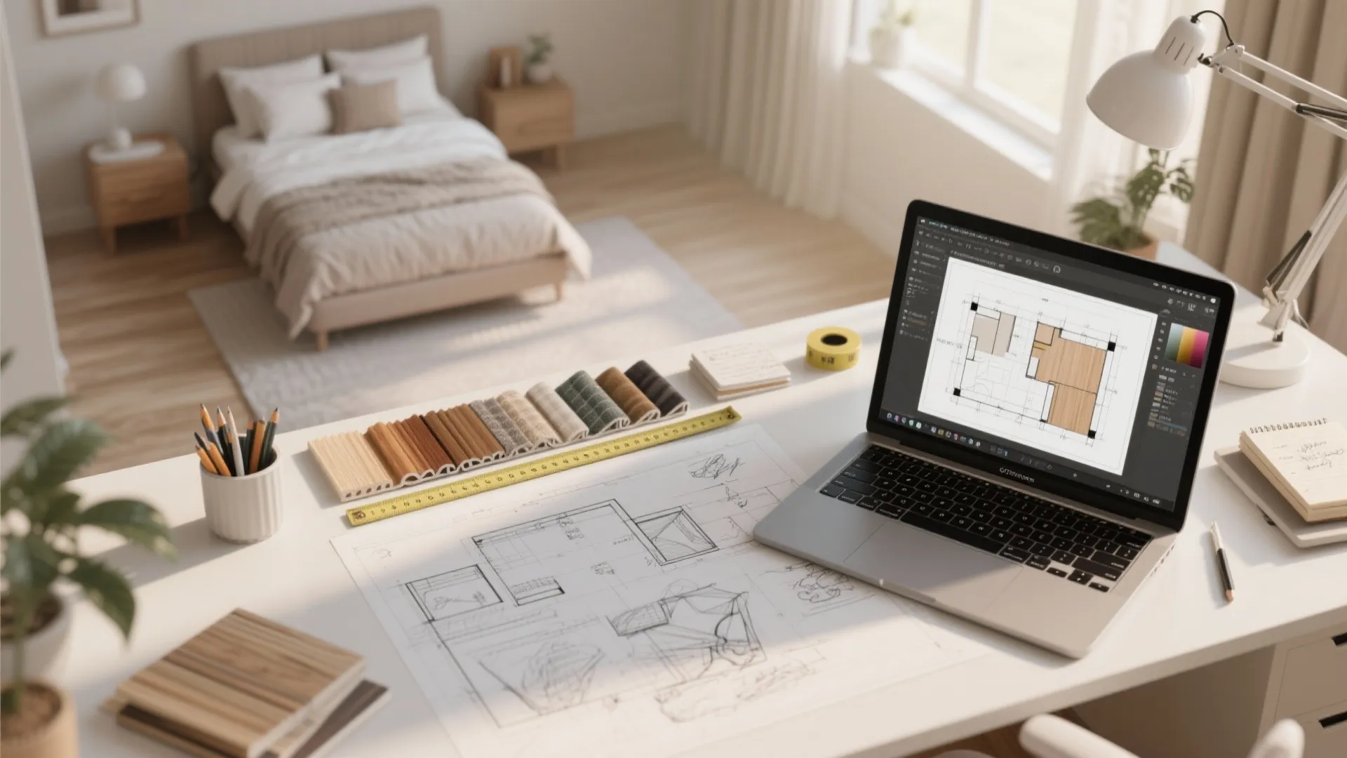 Top-down view of a laptop with a 3D floor planner and material swatches for wall panel planning