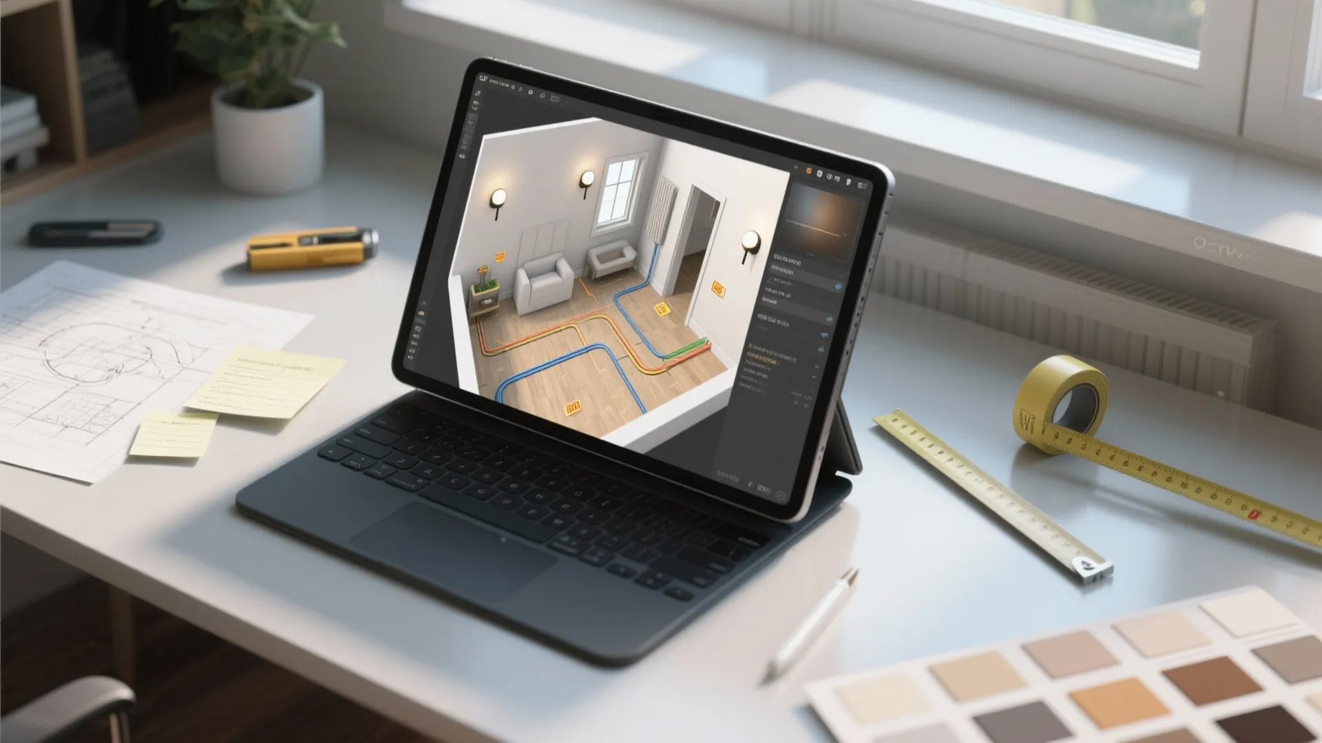 Tablet on white desk showing 3D interior design layout with colored lines and measuring tools