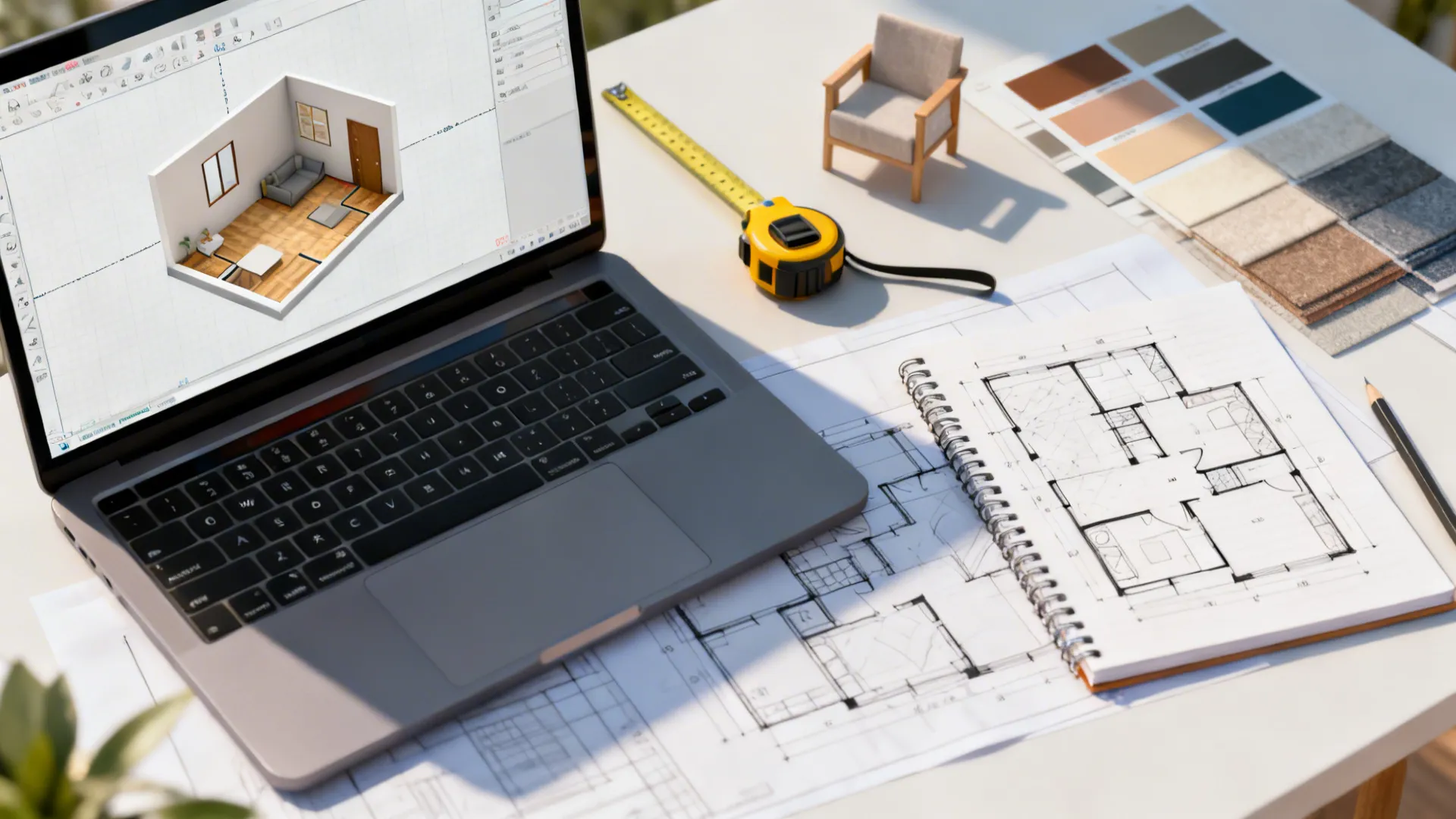 Coohom software showing 3D interior design drawing next to paper floor plans and measuring tape