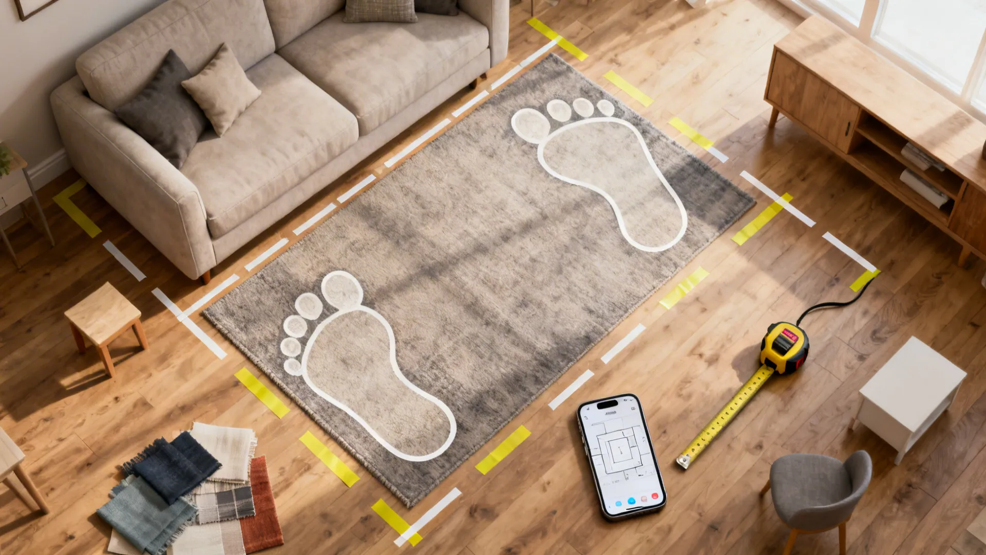 Top-down view of taped furniture footprints and a room planner app for layout planning