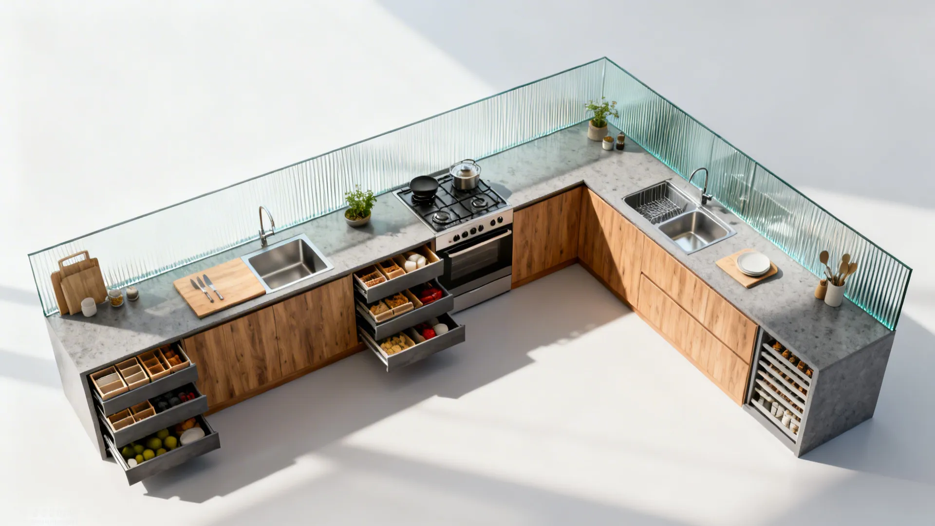 Top view of an L-shaped kitchen layout with wood cabinets grey counters and open storage