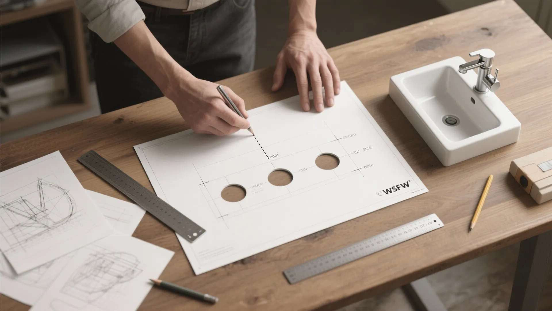 Person drawing on a paper layout with sink holes next to a small white basin