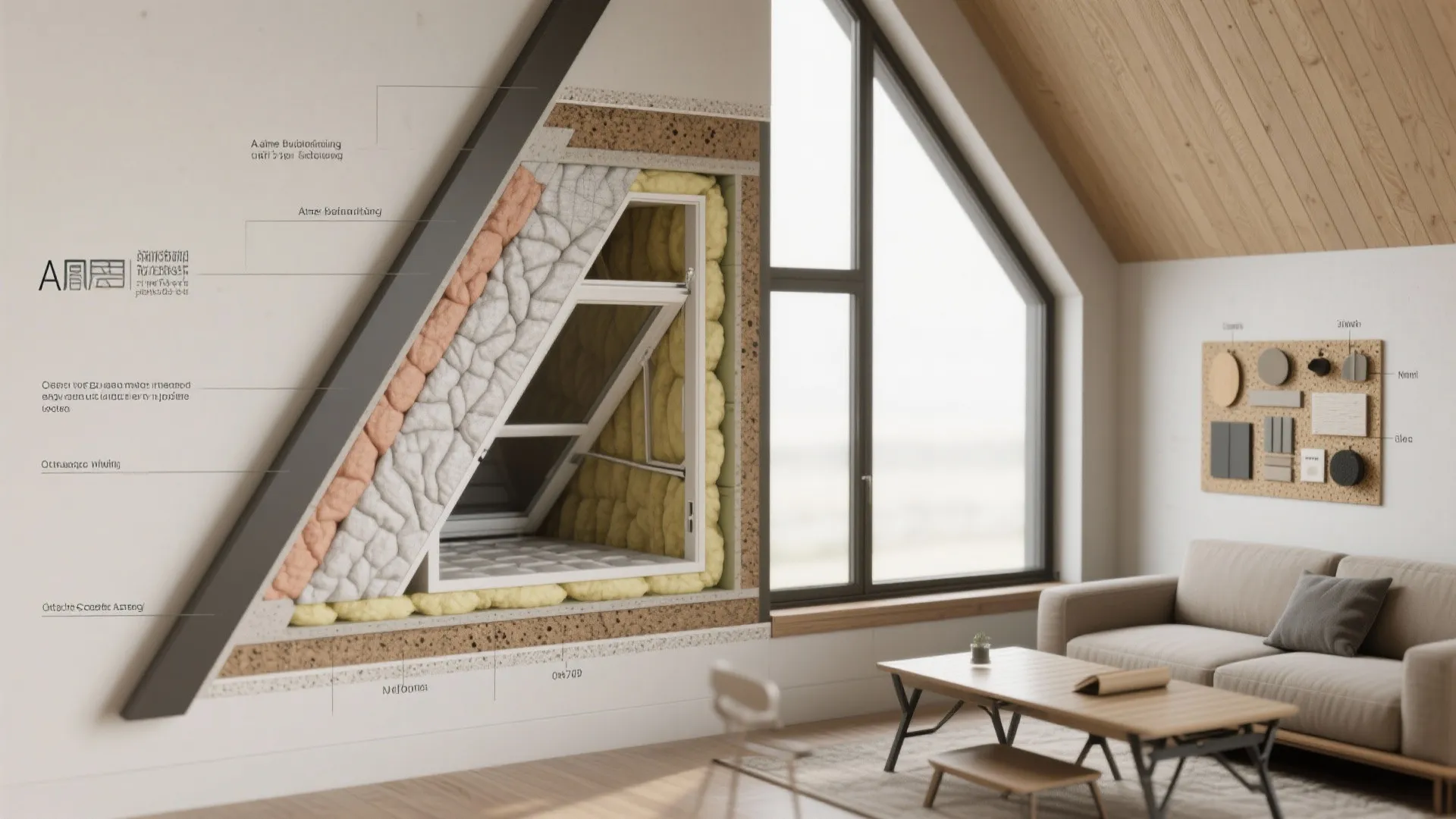 Close-up planning visuals showing insulation cross-section, high-performance window detail, and multi-use furniture samples.