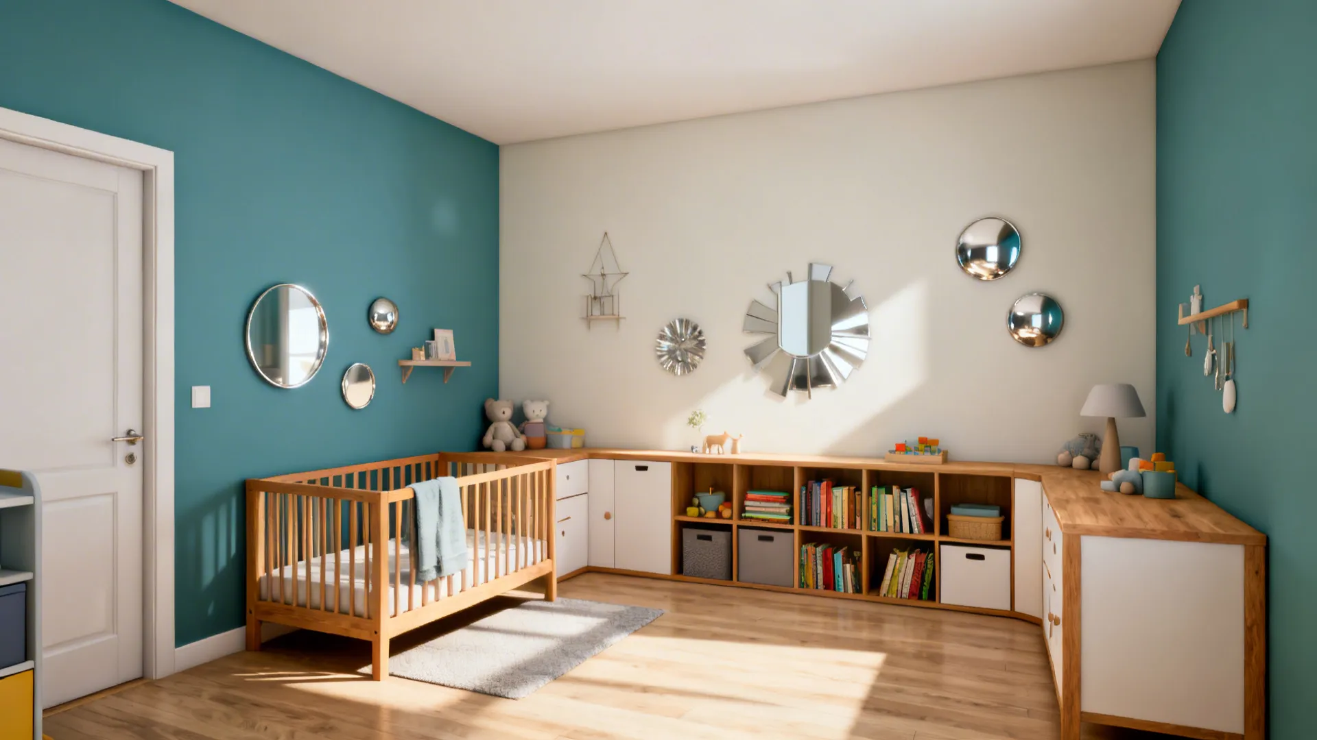Small kids’ room with L-shaped layout, lighter upper walls, reflective accents, and warm wood frames.