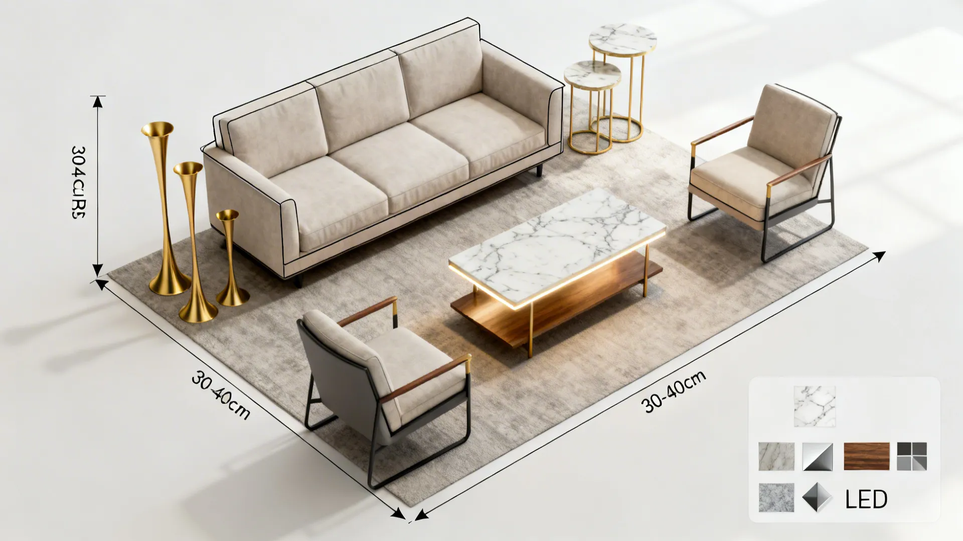 Top-down planning layout showing placements and clearance for various gold side table options in a small living room.