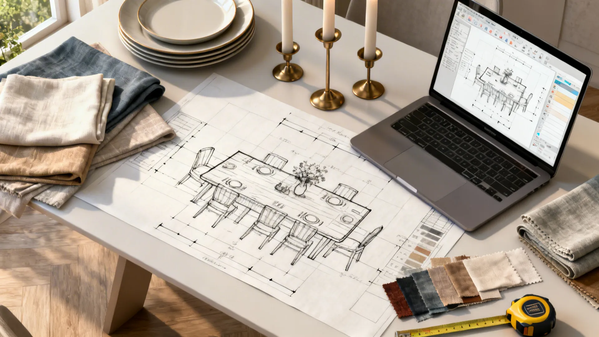 Desk with a laptop showing interior design drawing fabric samples and a dining room furniture sketch