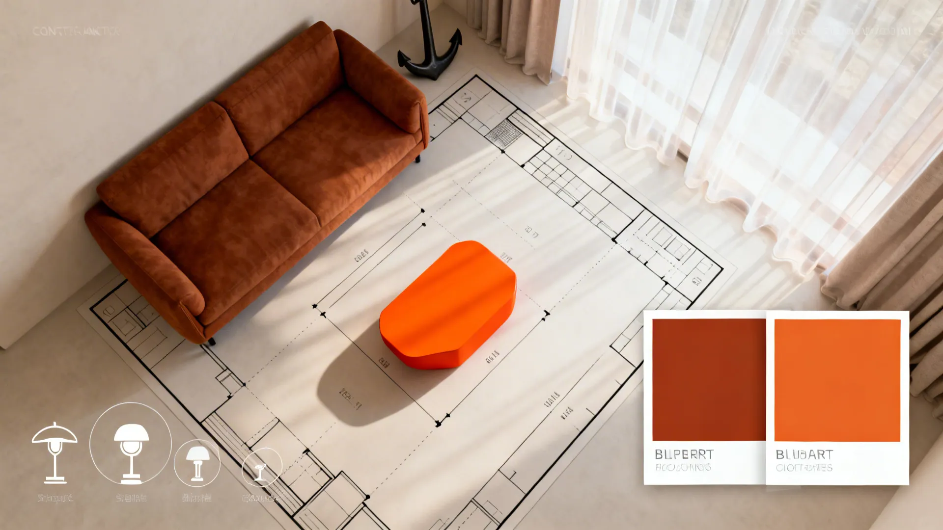 Brown sofa and orange footrest placed on a floor plan drawing with curtains and windows