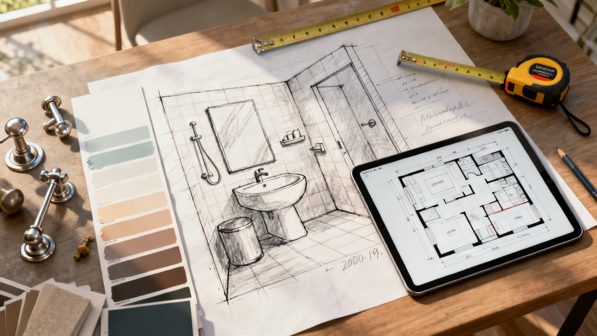 Top-down shot of a bathroom layout sketch with paint swatches, hardware samples and a tablet planner.
