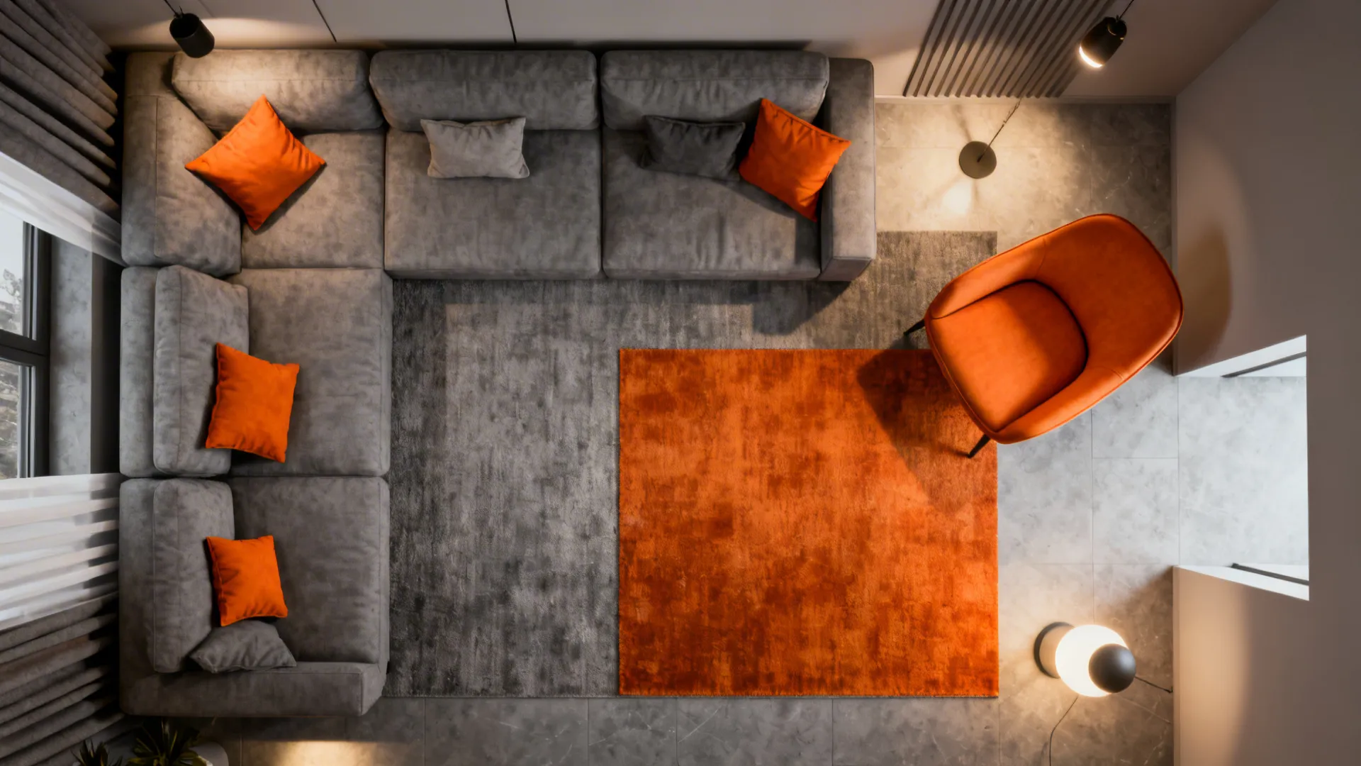 Top-down mock-up of a small living room showing cushion, rug, chair, and lighting swap options.