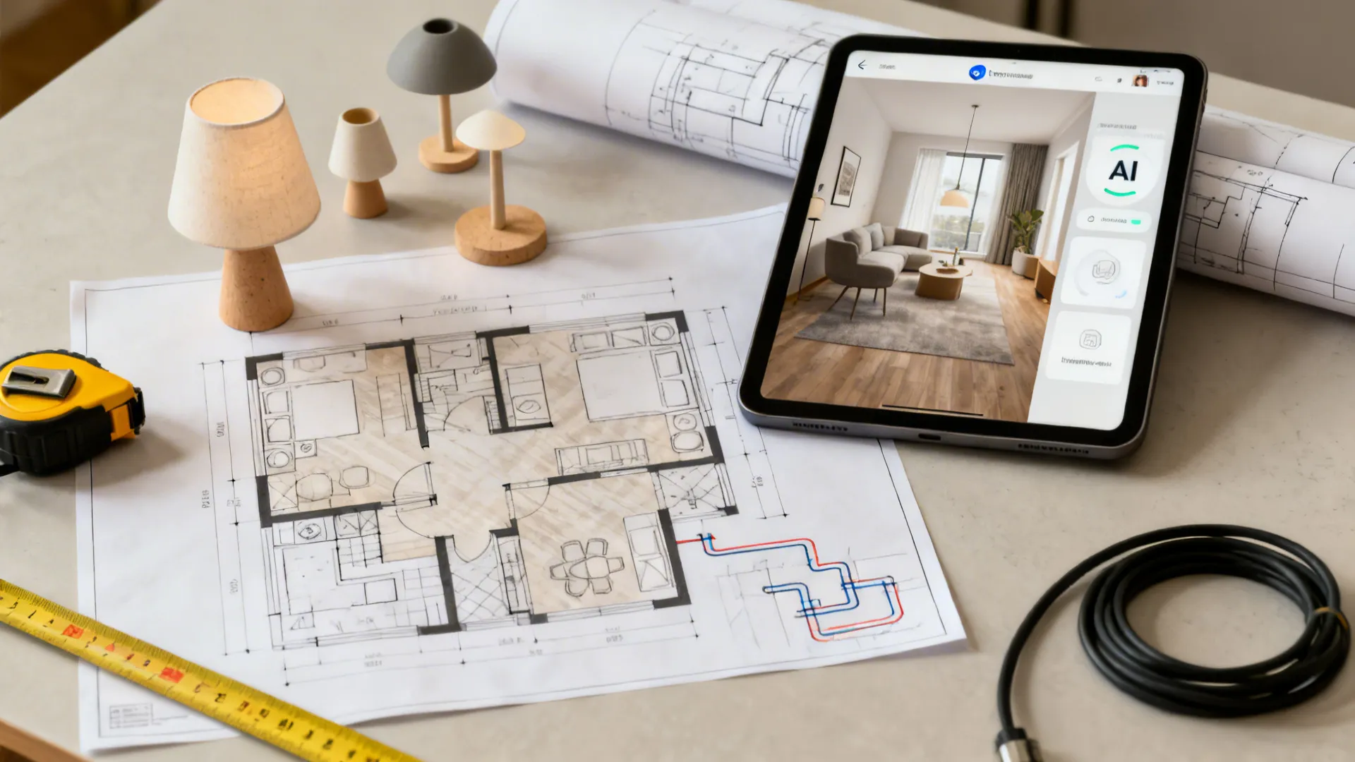 Top-down view of small living room planning with floorplan, lamp samples, tablet showing room-visualization tool and measuring tape.