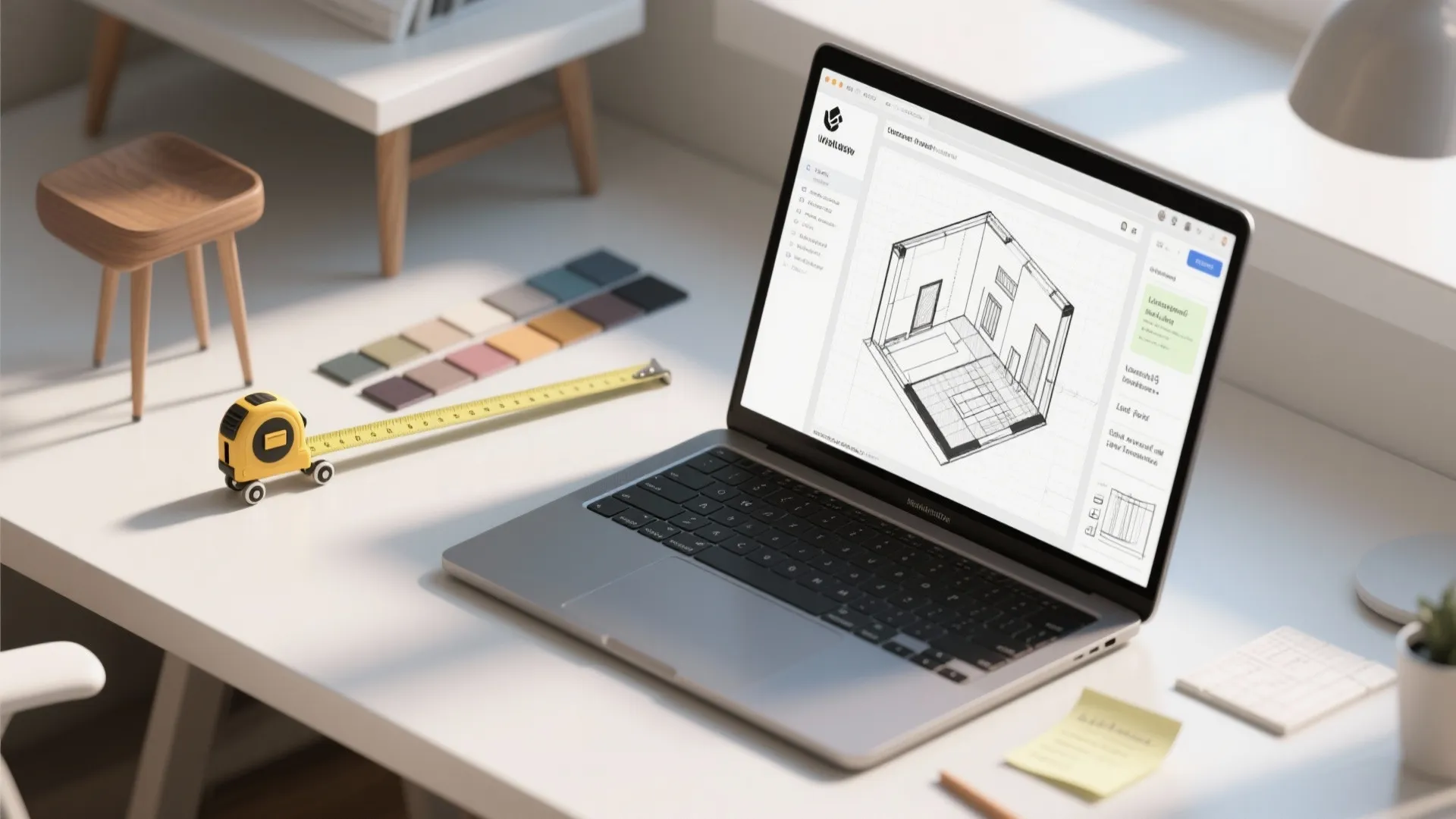 Top-down view of layout sketches and 3D planner on laptop for garage door living room planning
