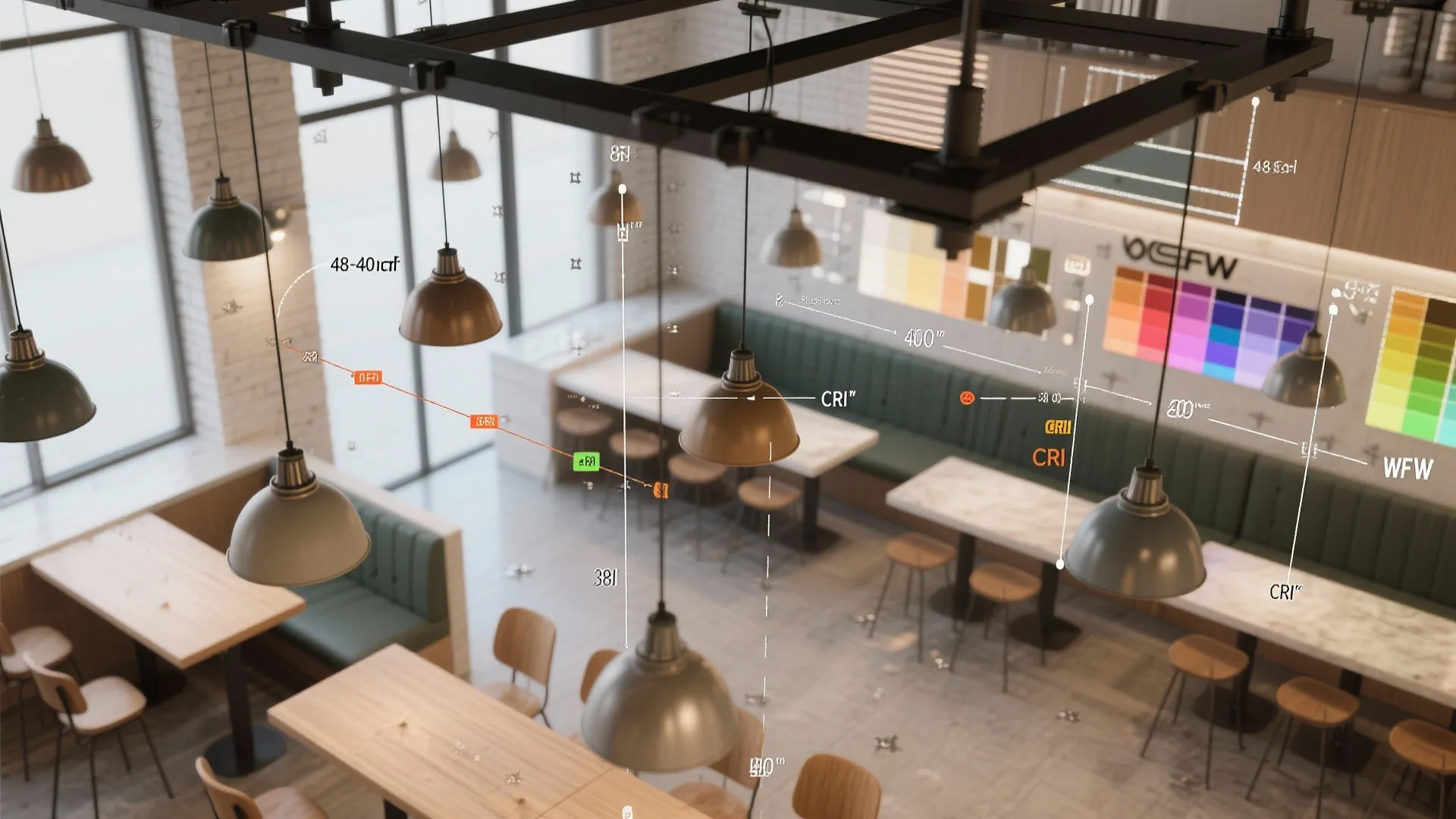 Top-down planner view showing pendant sightlines, height markers, and stud locations for bracket placement.