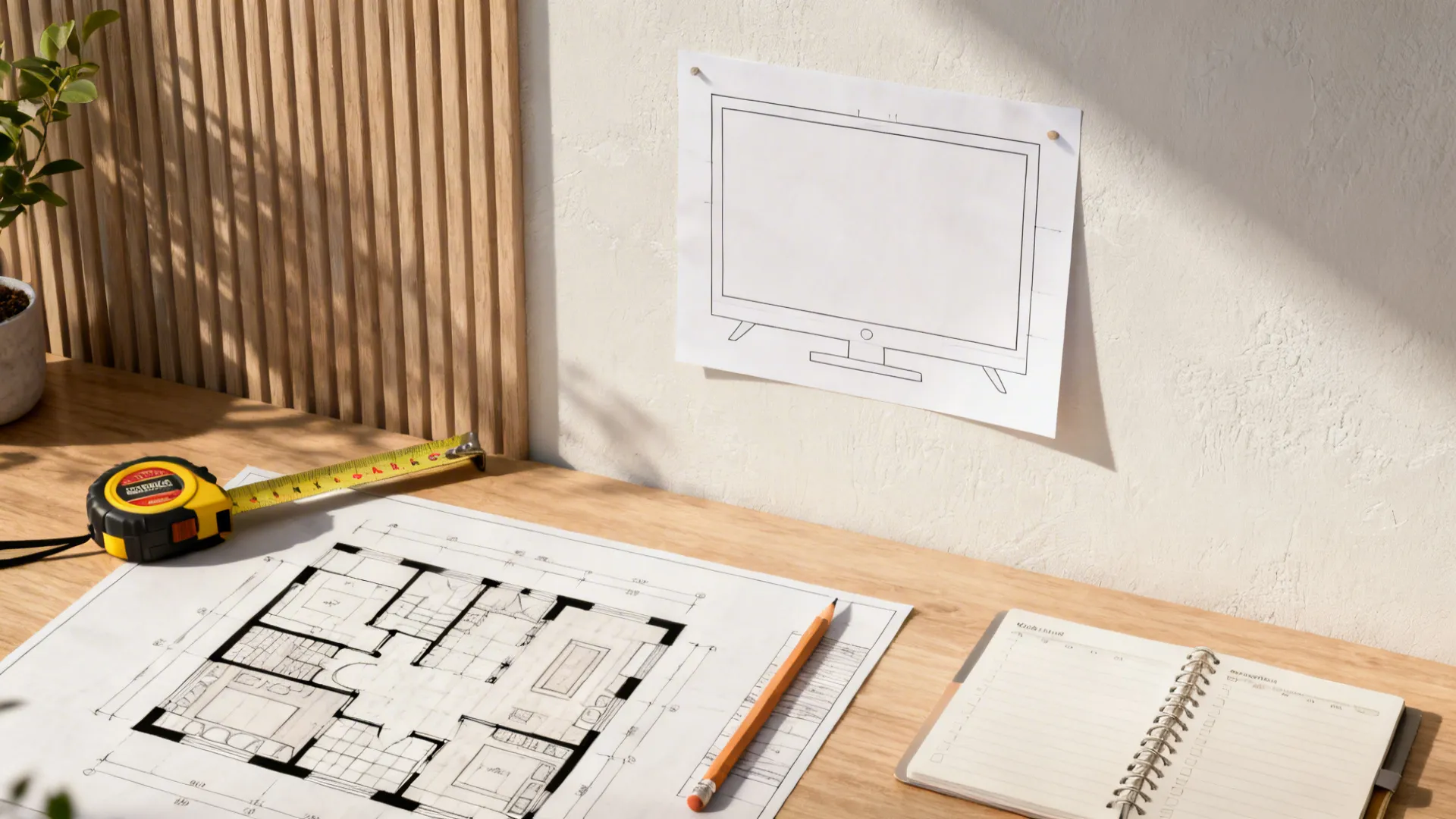 Top-down planning layout with a paper TV template, tape measure and floor plan for mockups