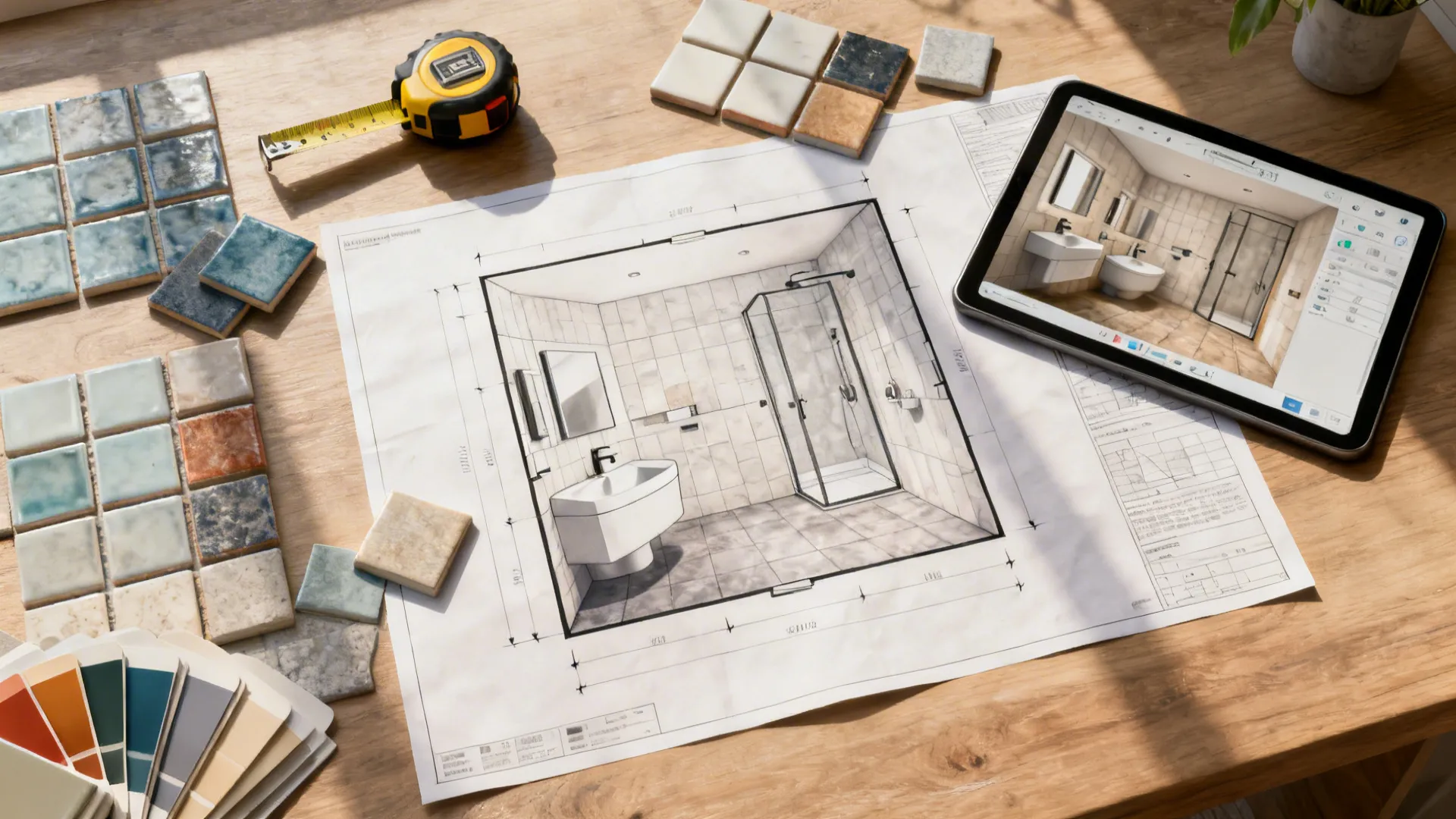 Top-down view of a small bathroom planning layout with floor plan, tile samples, and a tablet 3D planner.