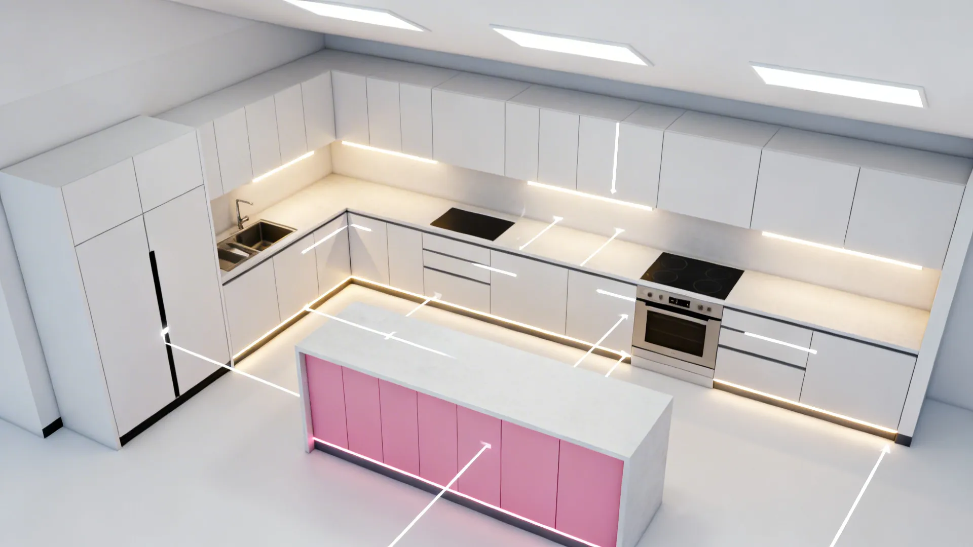 Top-down planning board with pink lower modules, LED placements, and neutral ceiling swatch.