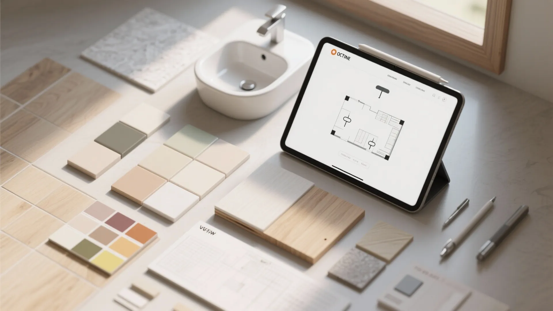 Interior design planning with tablet showing floor plan plus wood samples and colorful tile swatches
