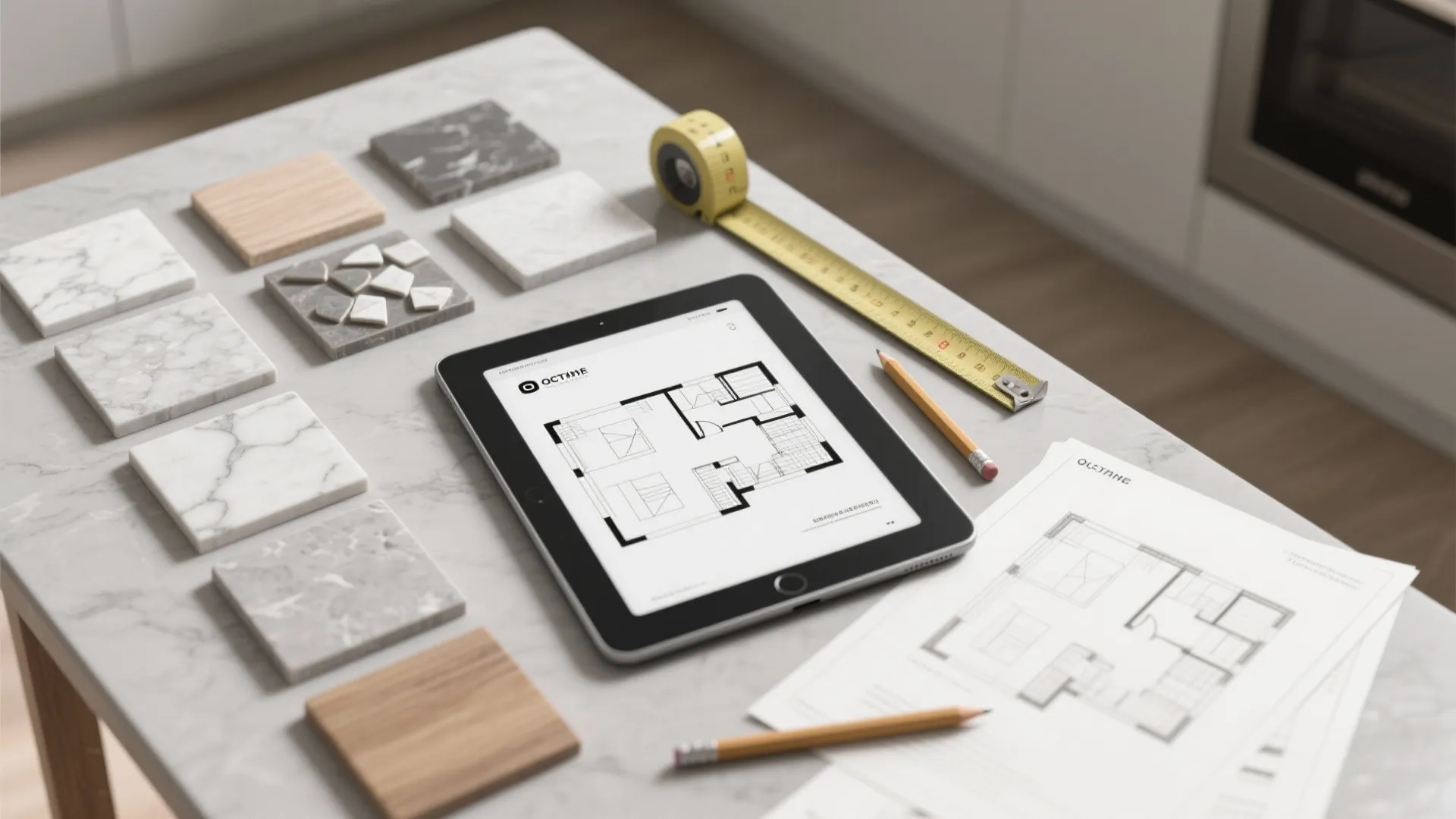 Flatlay of kitchen planning tools with floor plan on tablet and material samples for grey-white kitchens.