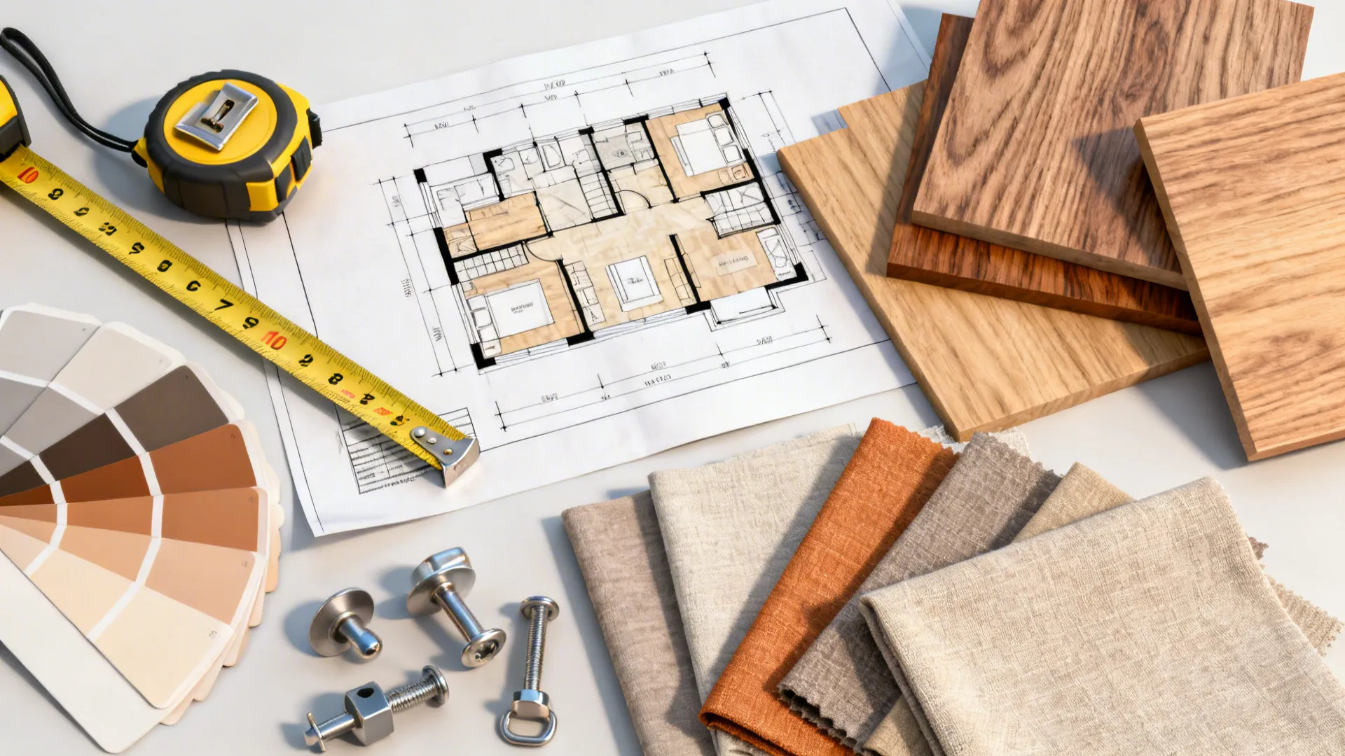 Flatlay of tape measure, floor plan, wood and fabric swatches for small-space furniture planning