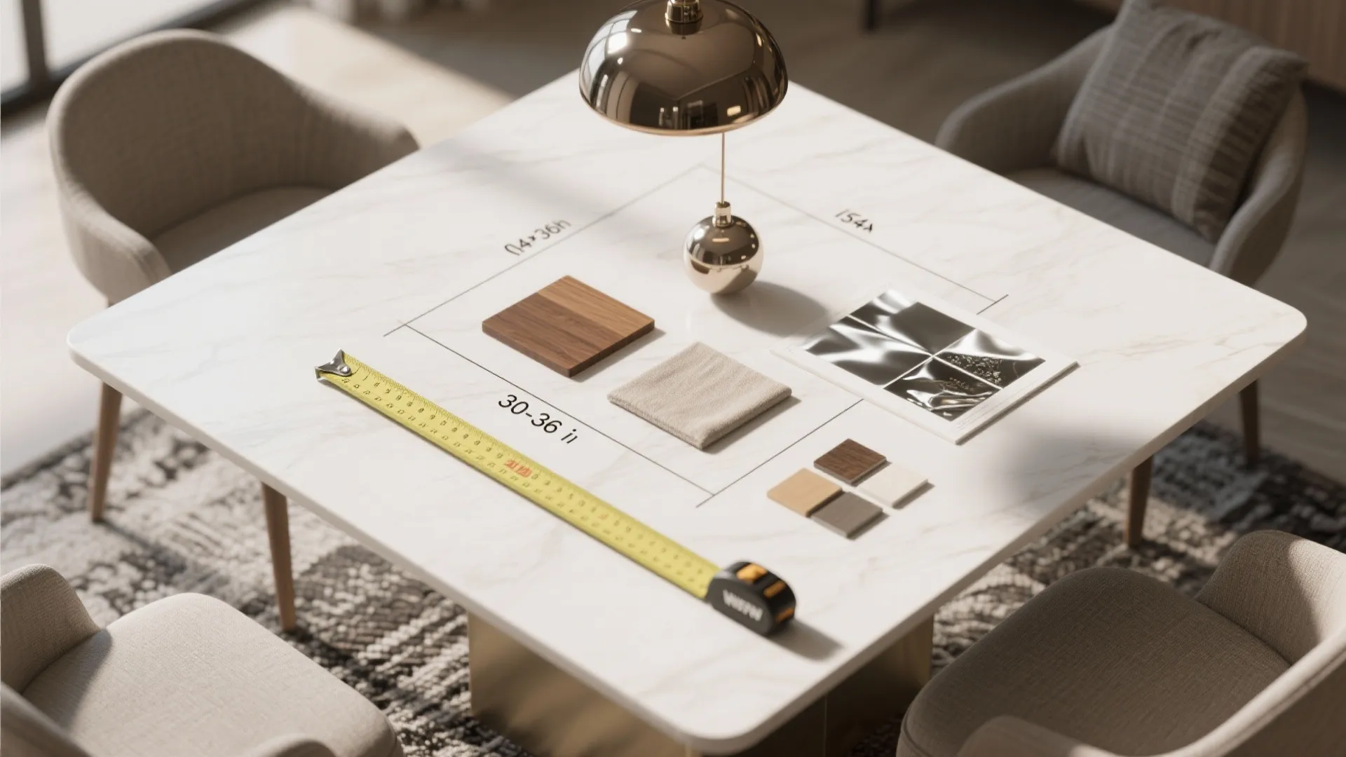 Interior design drawing with yellow tape measure and material samples on white marble dining table
