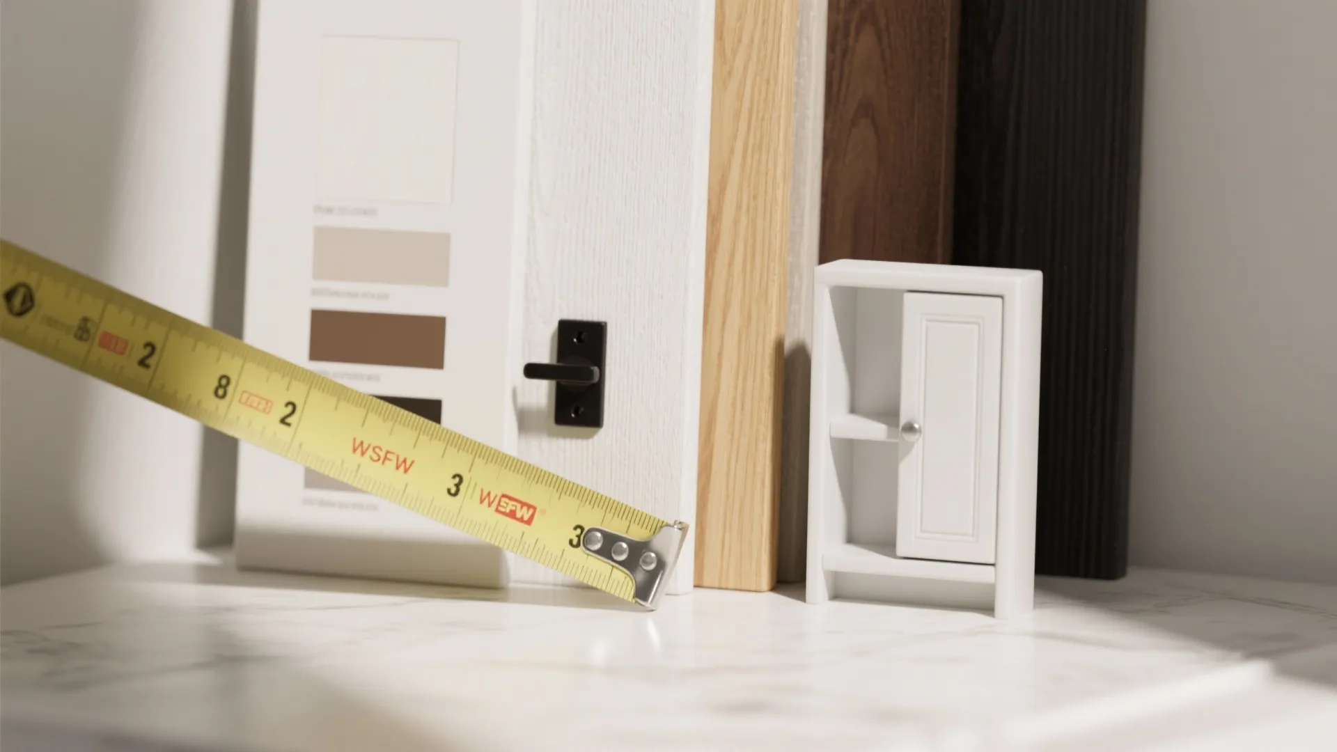 Measurement tape and finish samples used to plan a white medicine cabinet installation.