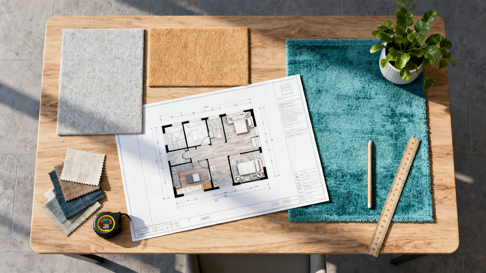 Flatlay of room planner printout, rug swatches and fabric chips for grey living room planning