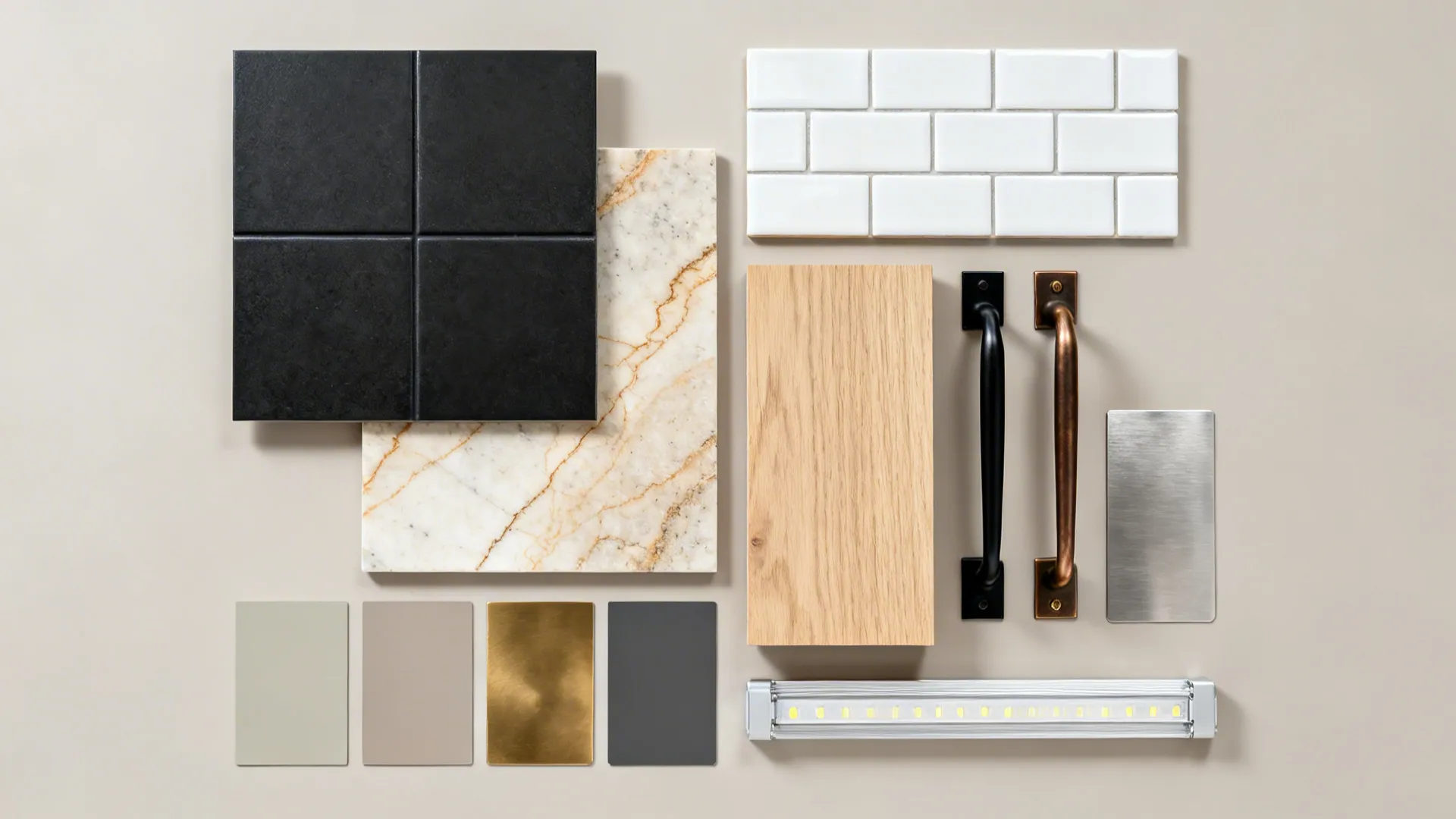 Flat-lay of black floor tile, veined quartz, backsplash tiles, wood and paint samples, and mixed hardware.