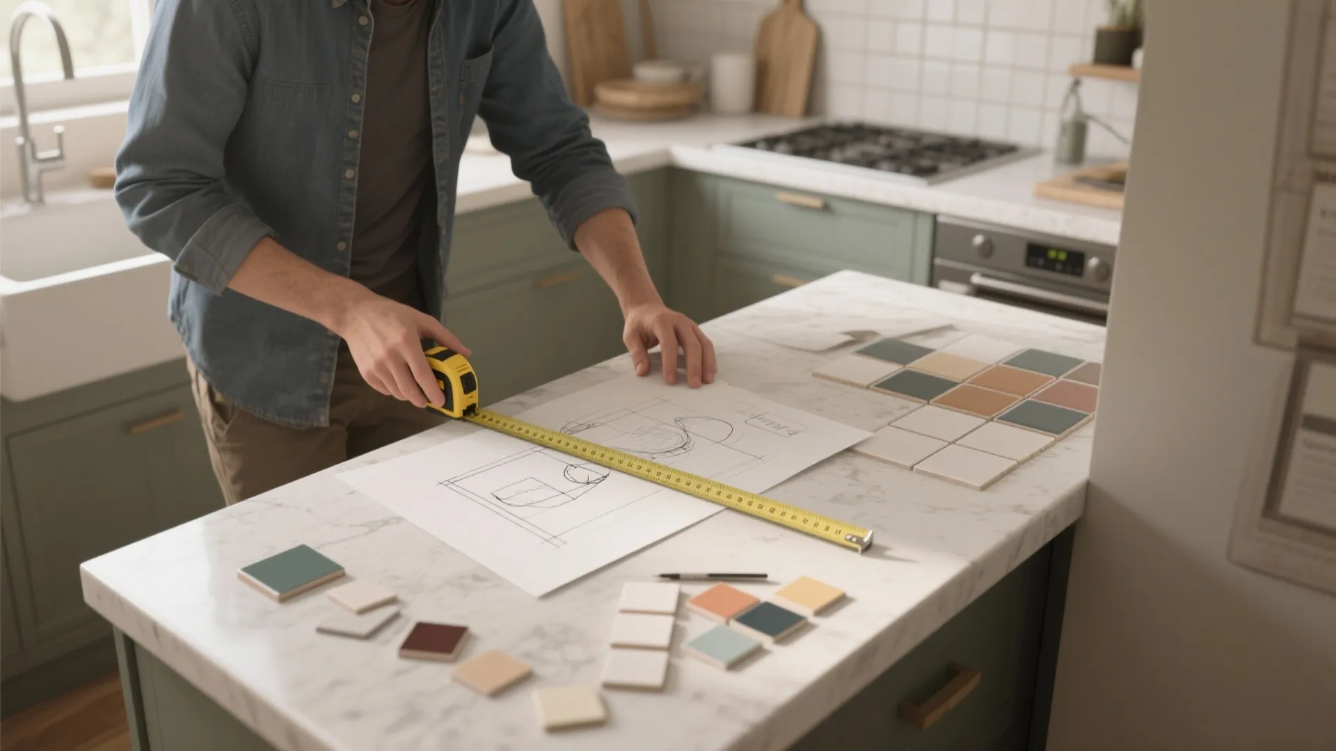 Man using yellow measuring tape on interior design drawing with tile samples on marble kitchen island