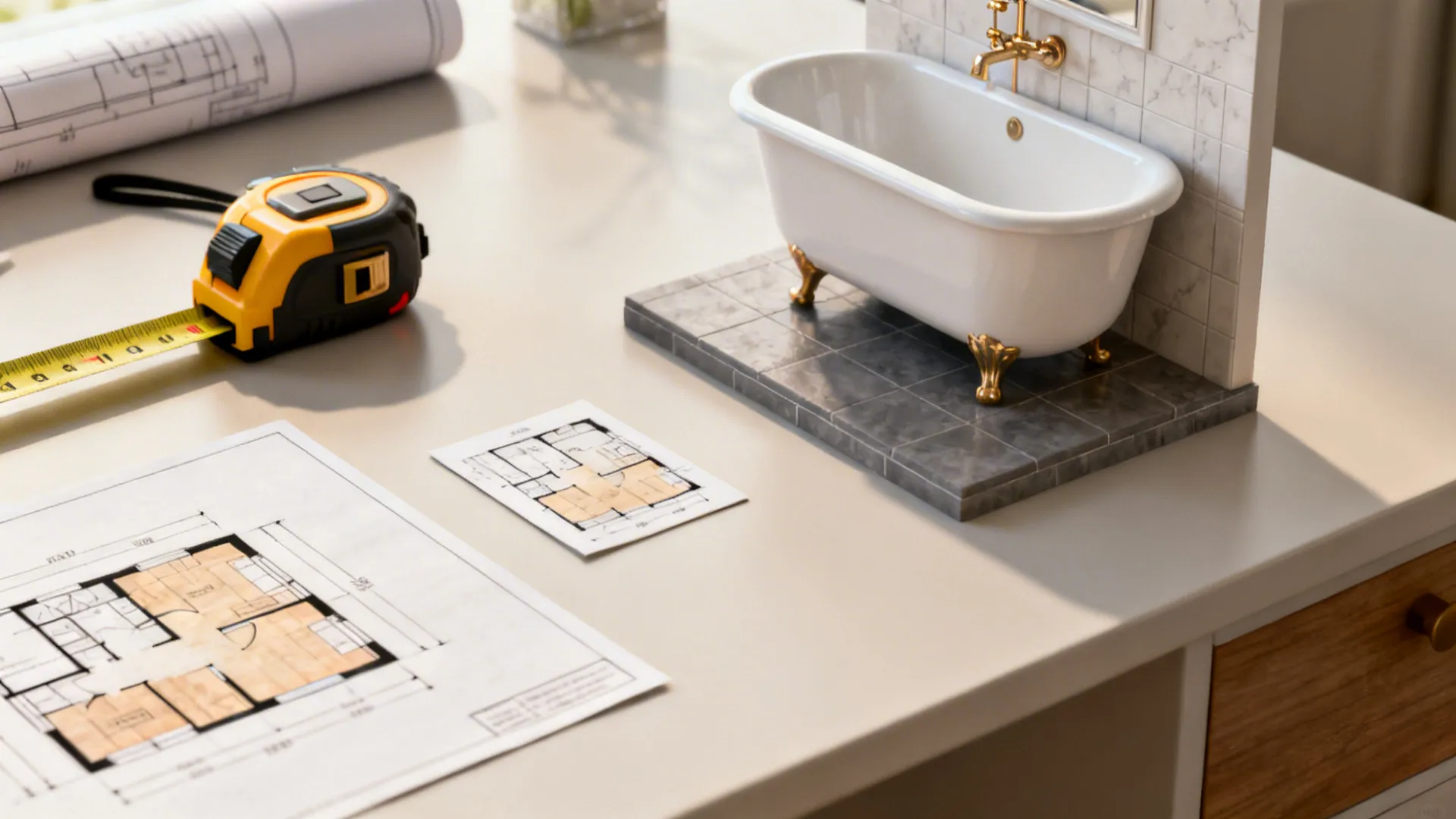 Measuring tape and floor plan showing planning for small bathroom tub layouts