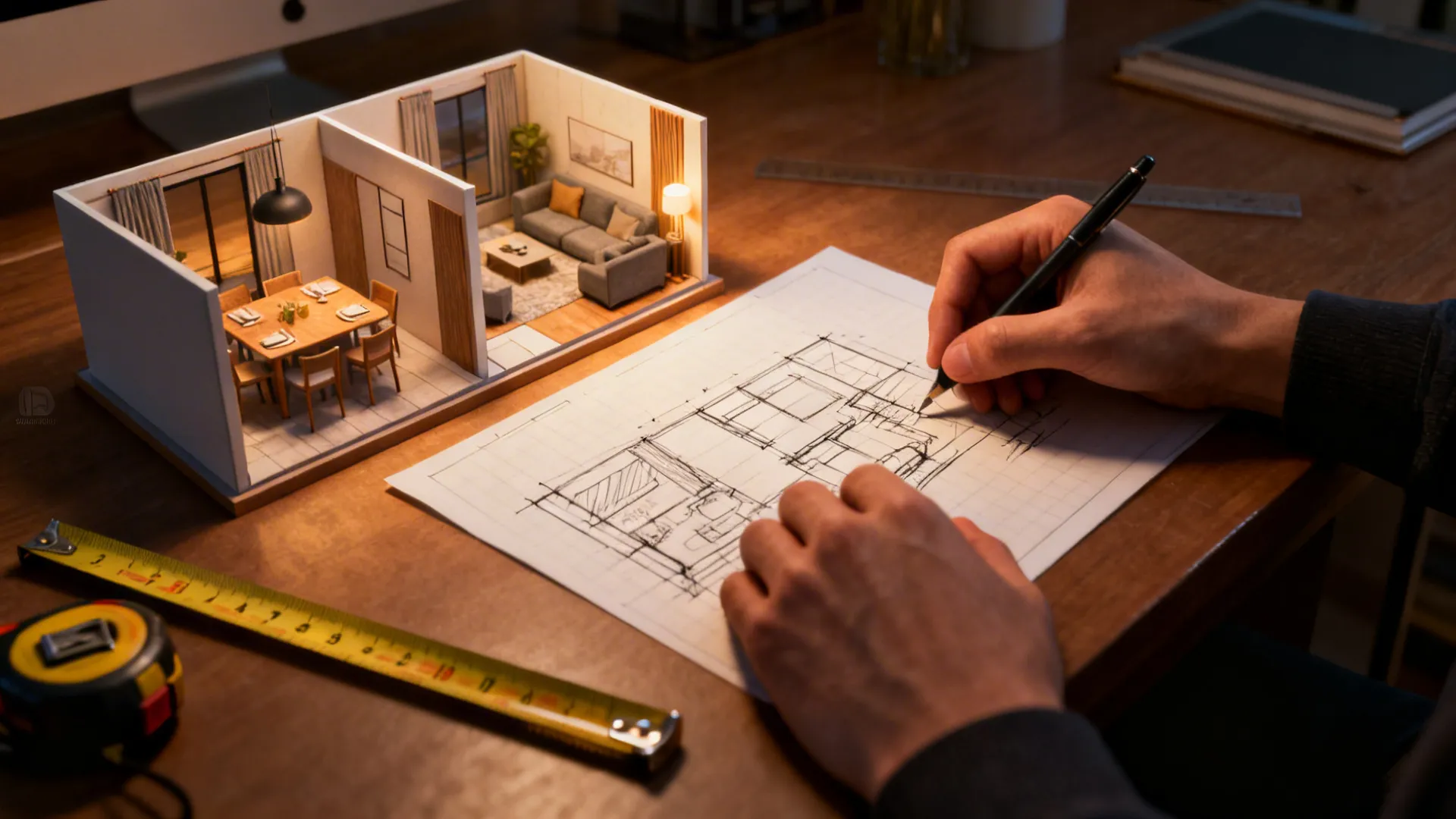 Hands drawing house plan on paper with pen near 3D room model and tape measure