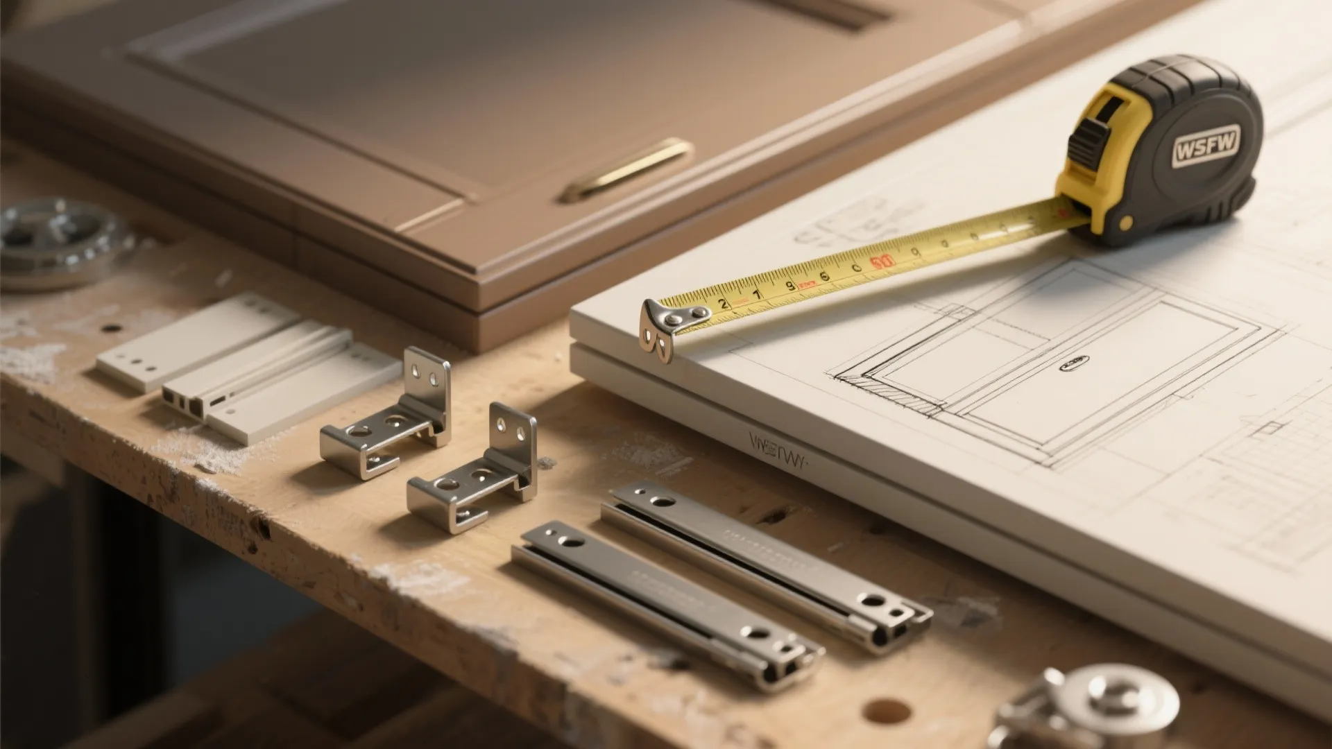 Measuring tape on a technical interior design drawing with metal hardware and cabinet door panels