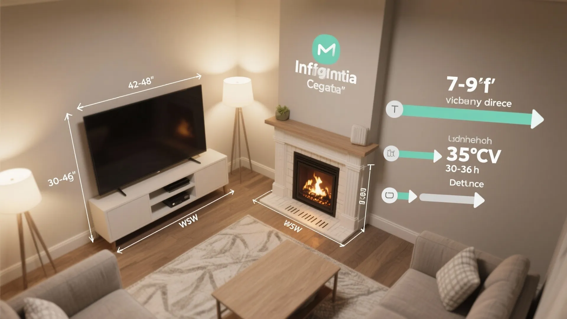 Top-down room visualization highlighting TV height, viewing distance, and circulation lanes.