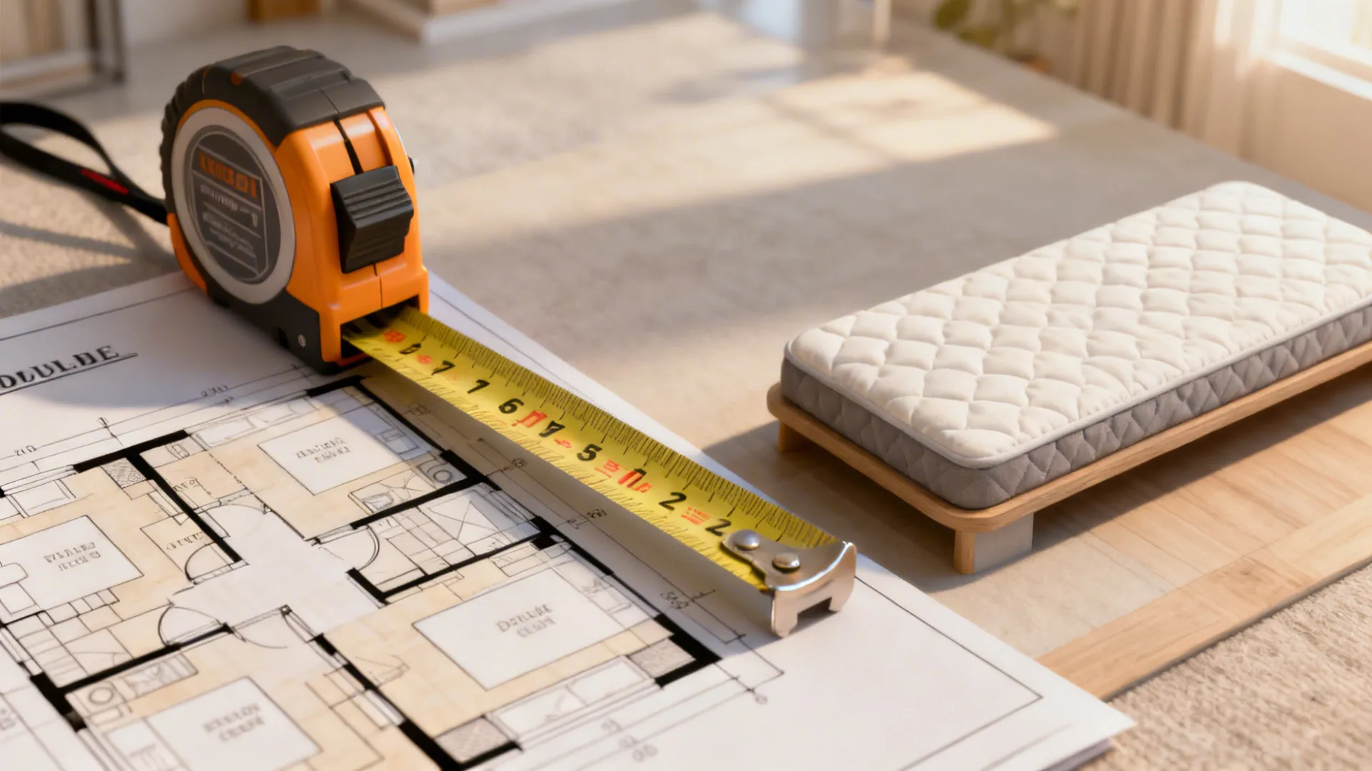 Measuring tape and floor plan for planning a double bed layout in a small room