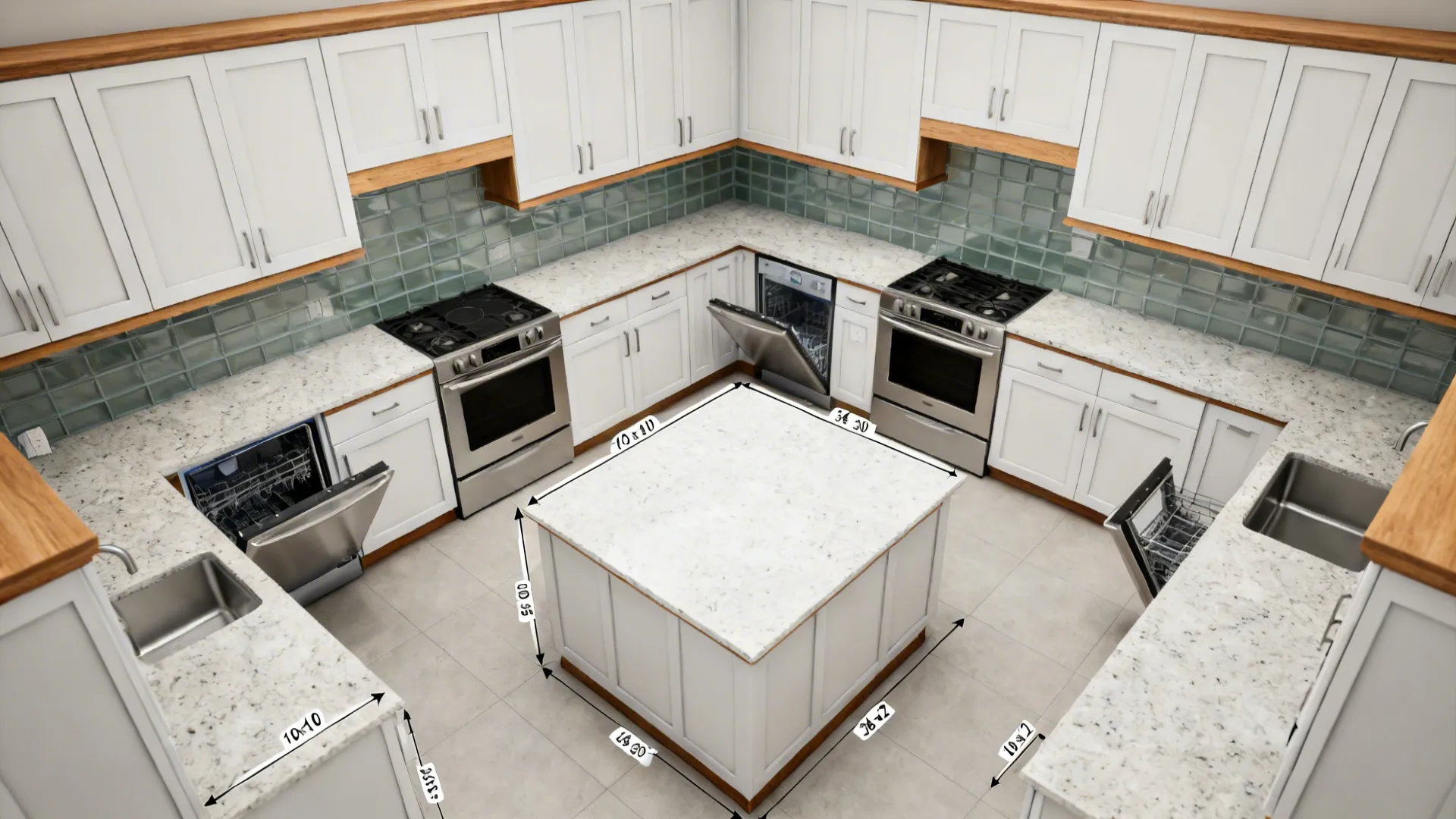 Top-down render showing a 10x10 kitchen with clear aisles and appliance door swings.
