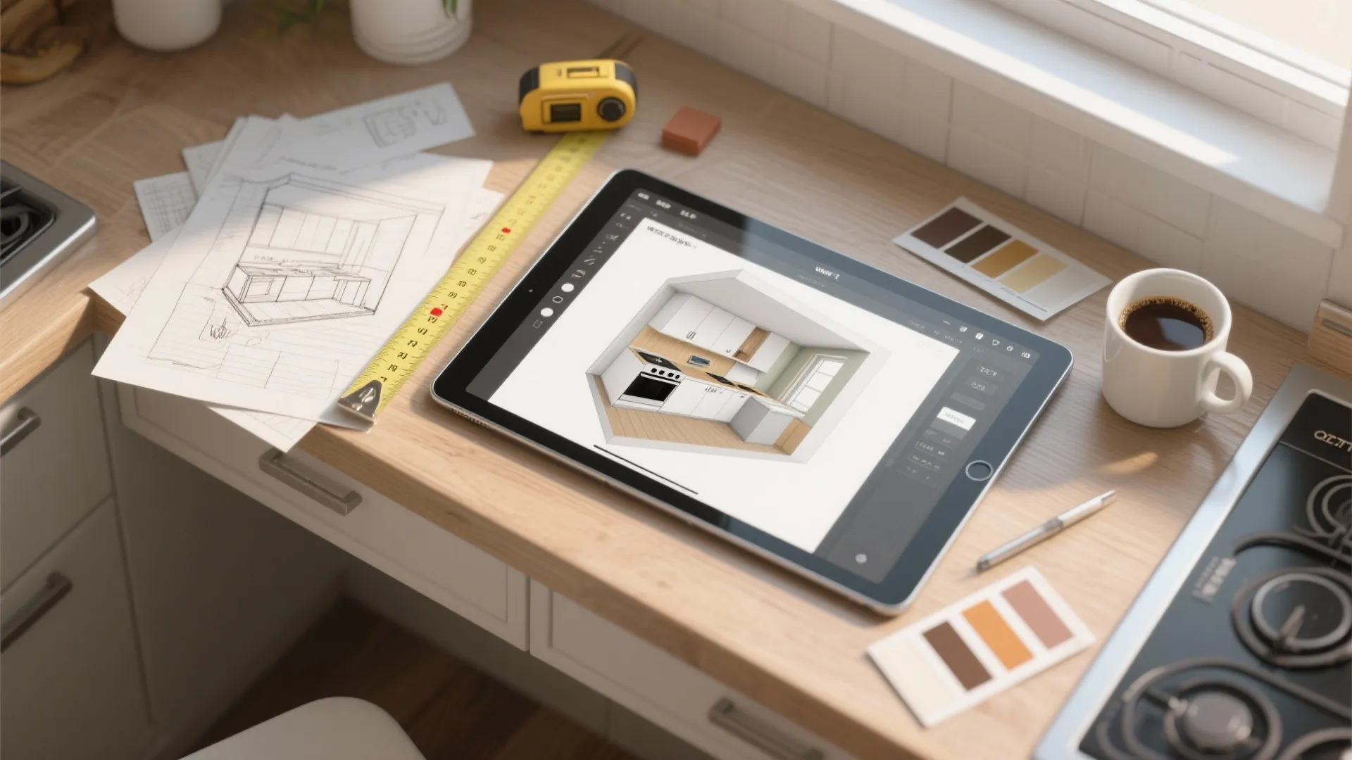 Digital tablet showing a kitchen design layout on a wooden desk with sketches and measuring tape