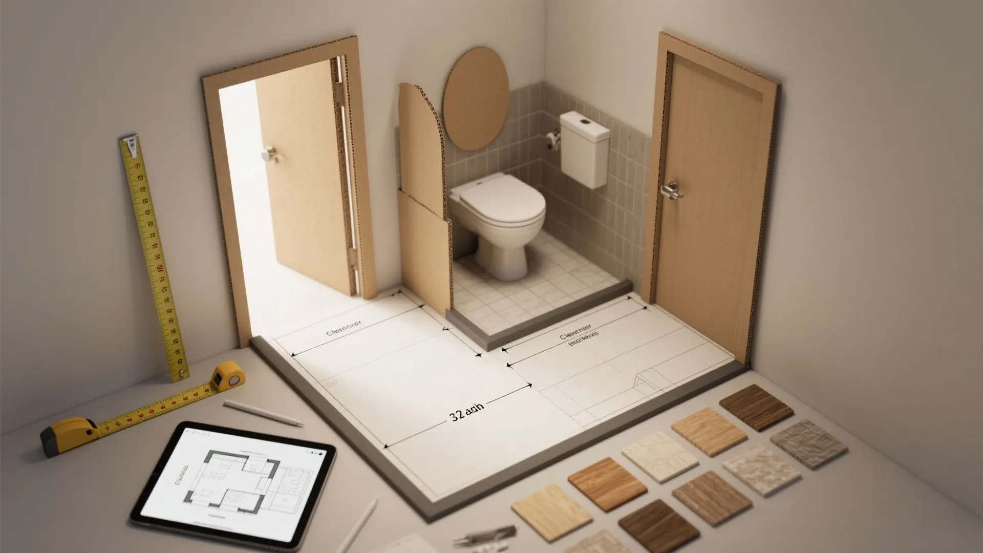 Cardboard model of a bathroom layout with measuring tape tablet and various floor material samples