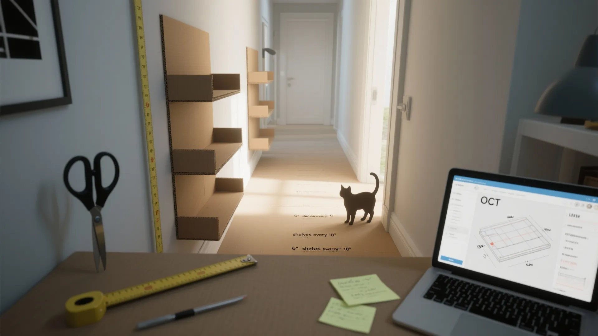 Home office desk with laptop showing interior design drawing and cardboard shelves mockups for hallway