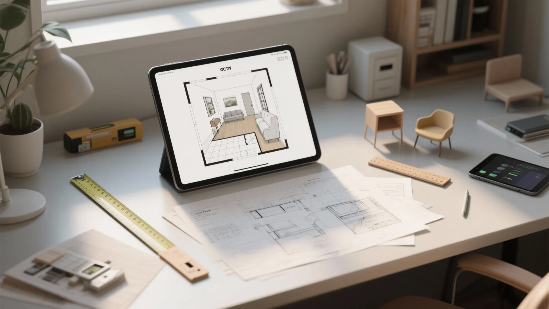 Top-down view of a tablet with room mockups, floor-plan sketches and measuring tools for layout planning.
