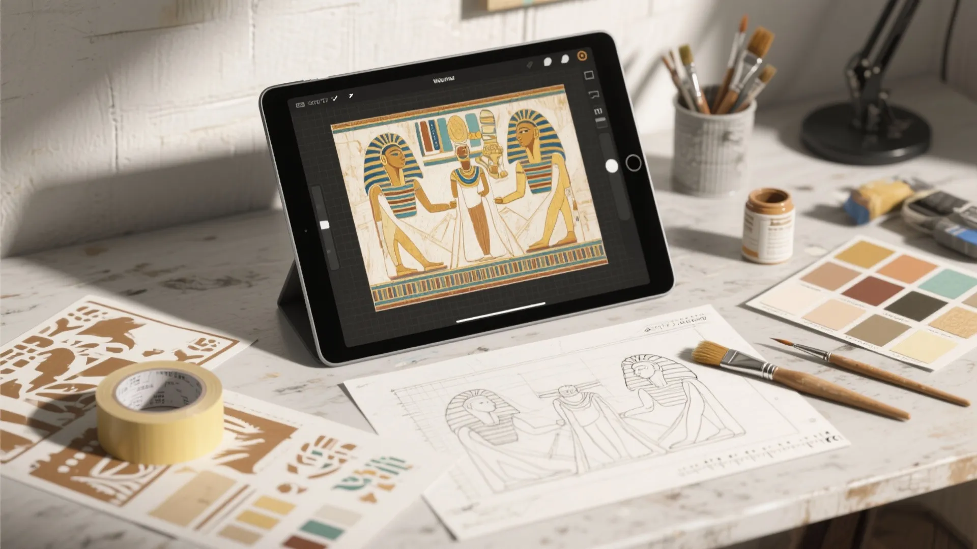 Top-down mockup of planning tools: paint chips, stencils, brushes and a tablet showing a 3D visualization.