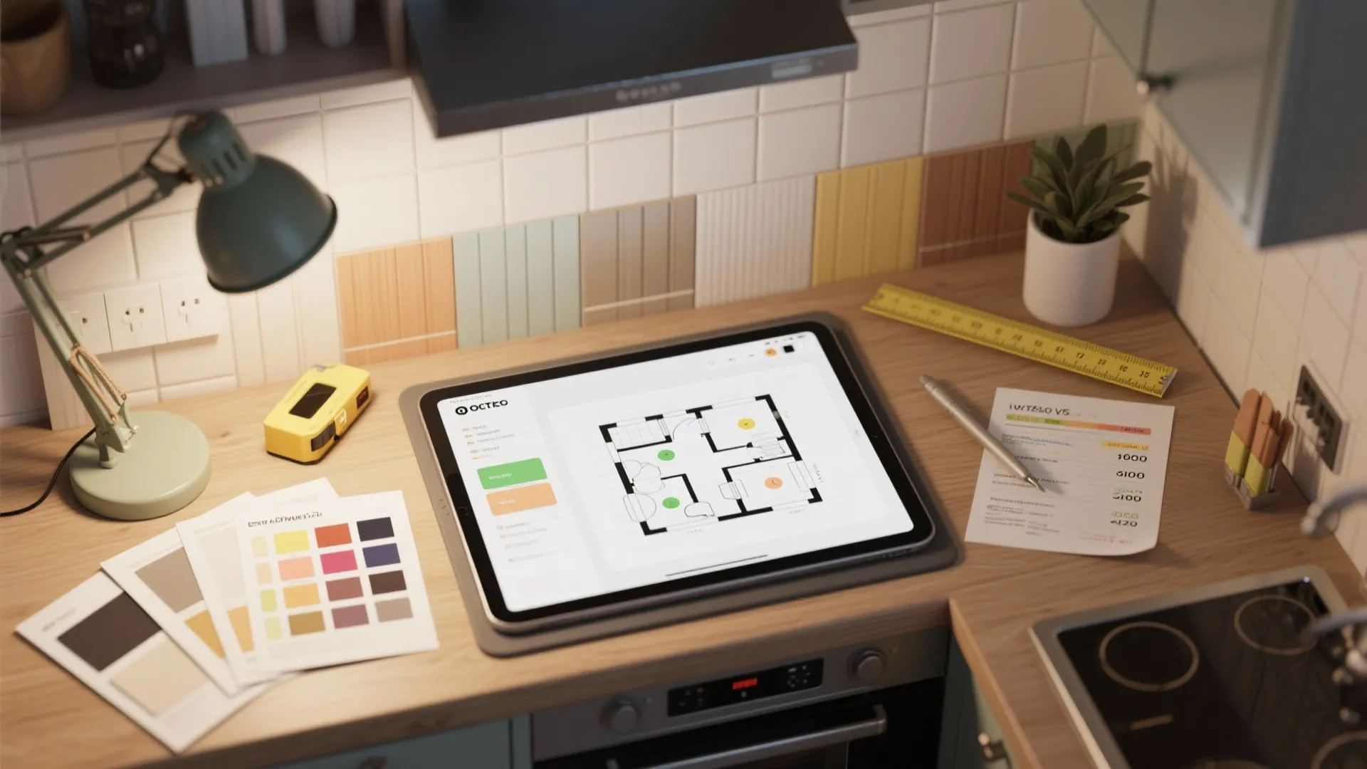 Tablet displaying house floor plan on wooden kitchen counter with color samples and table lamp