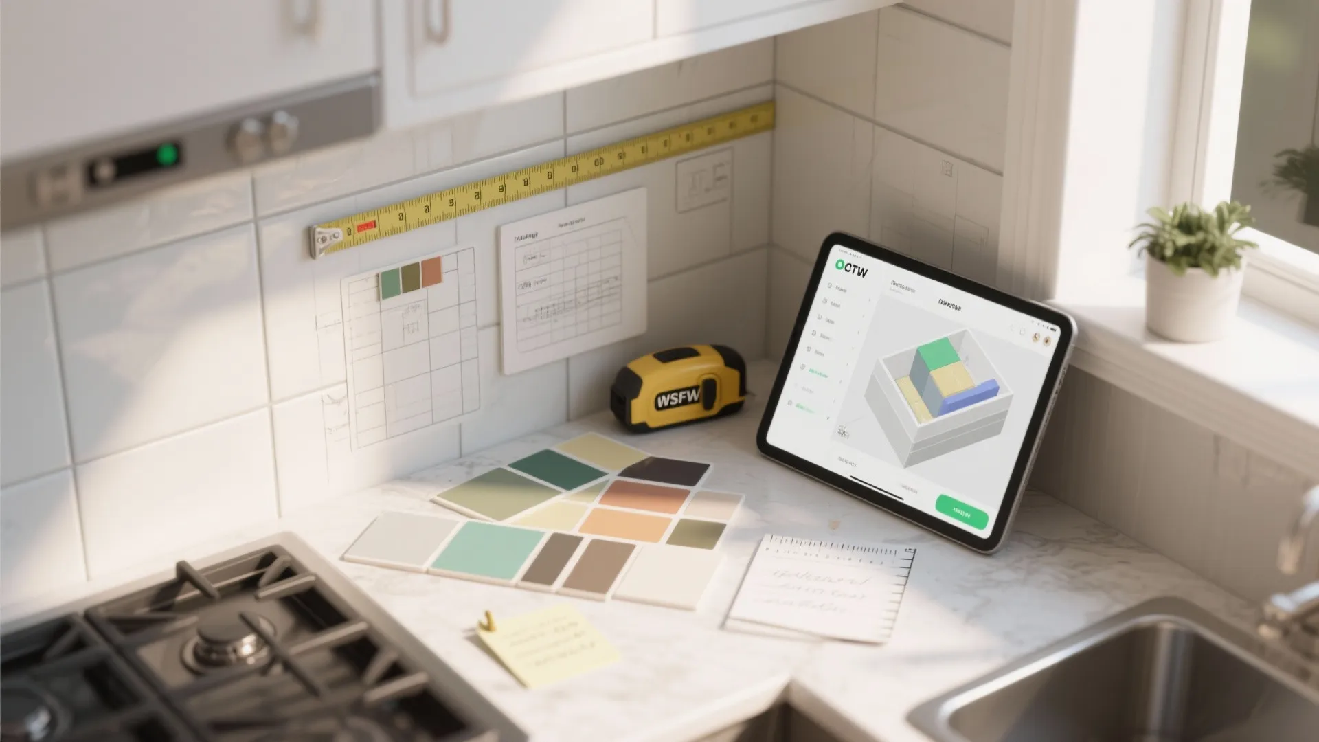 Kitchen counter with tablet showing room layout tape measure color tiles and a small notepad