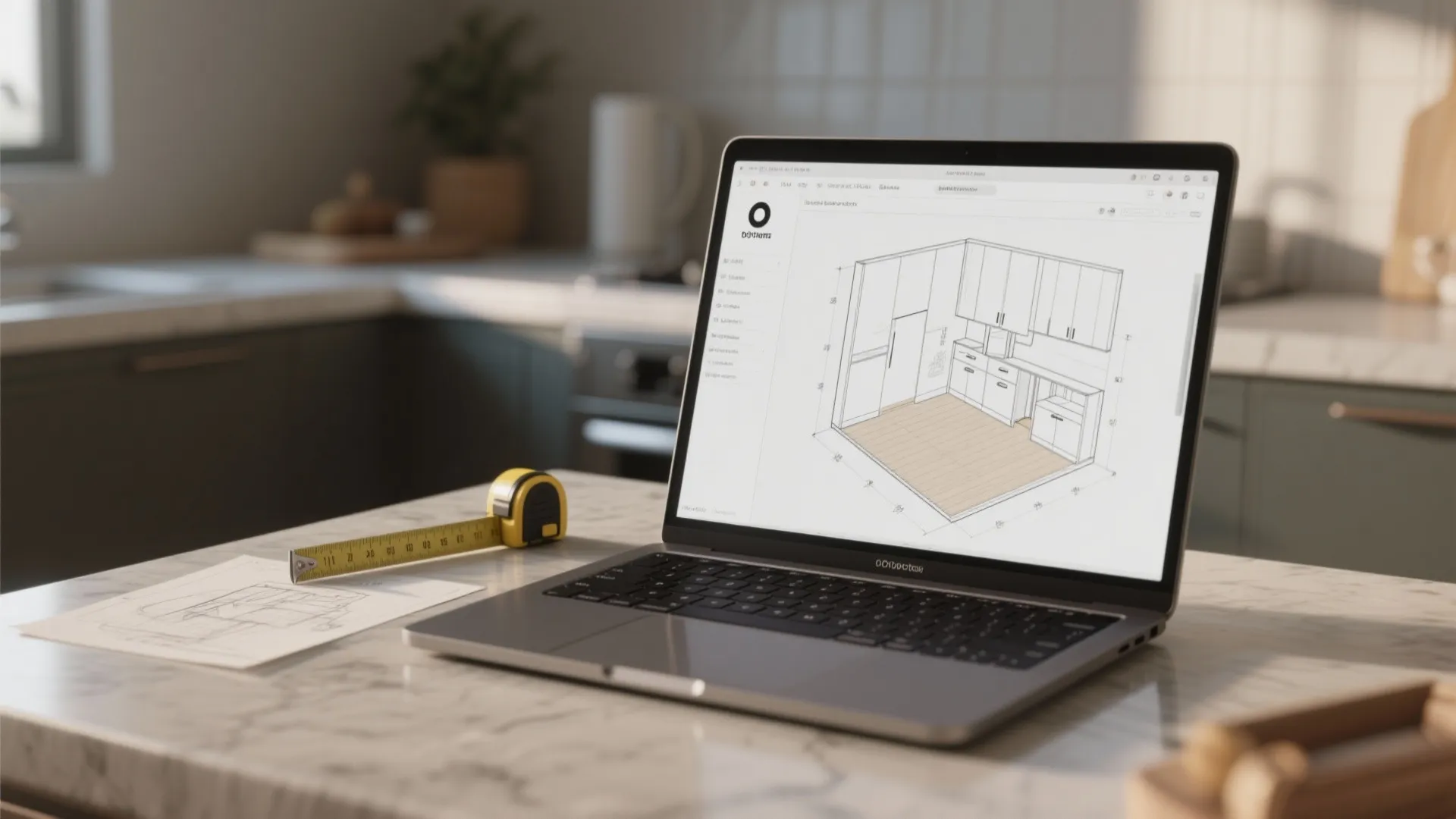 Laptop on marble counter showing a kitchen interior design drawing with a yellow measuring tape