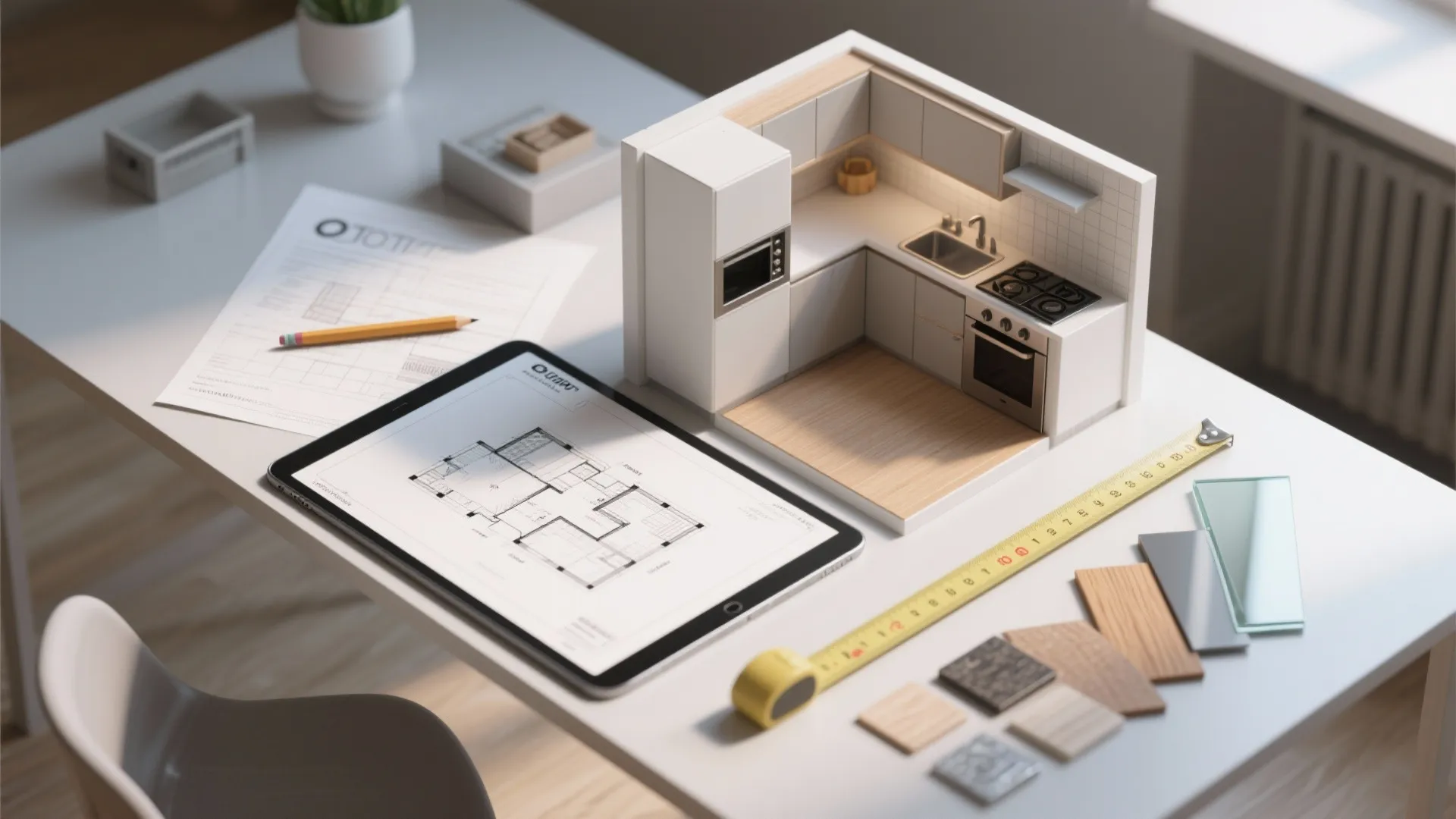 White desk showing a tablet floor plan, 3D kitchen model, measuring tape, and material samples