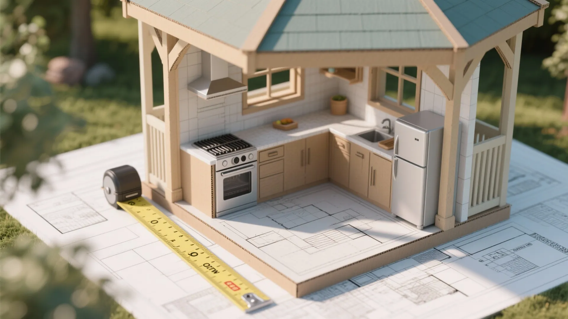 Top-down mockup and measuring tools for planning a gazebo kitchen layout.