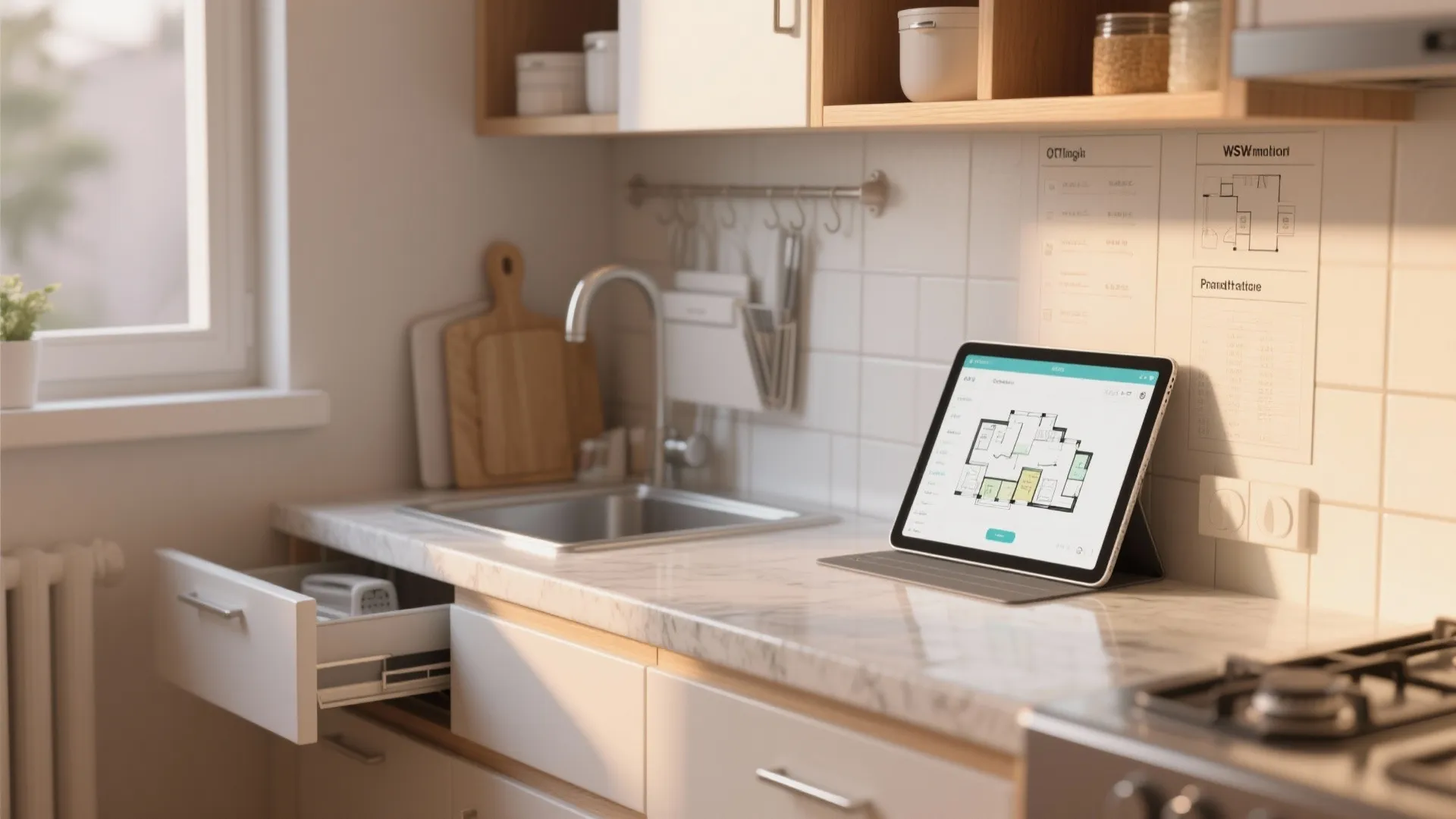 Tiny kitchen mockup with fold-away elements and a tablet showing a room planner