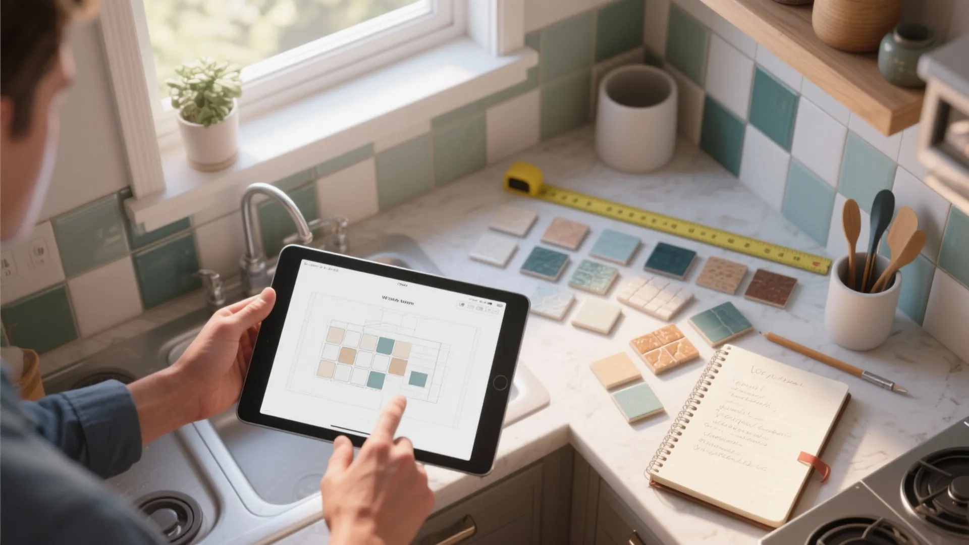 Person using a tablet to plan kitchen tile layout with physical samples and a notebook