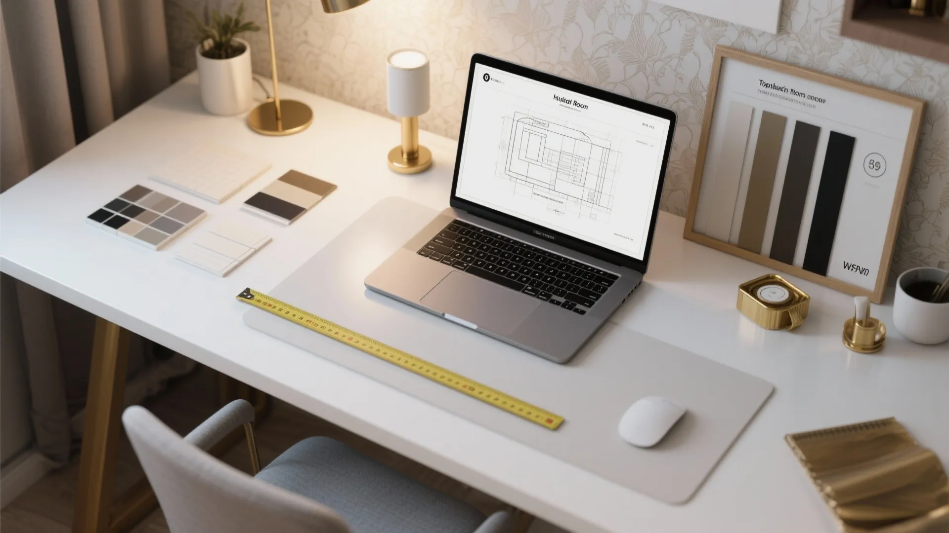 Laptop on white desk showing floor plan design next to color samples and measuring tape