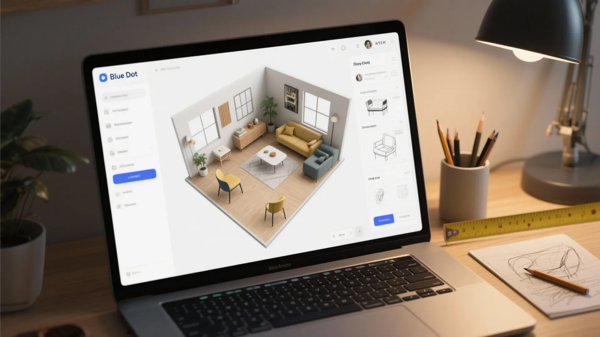 Top-down view of a laptop showing a 3D floor planner with Blu Dot furniture mockups and sketching tools.