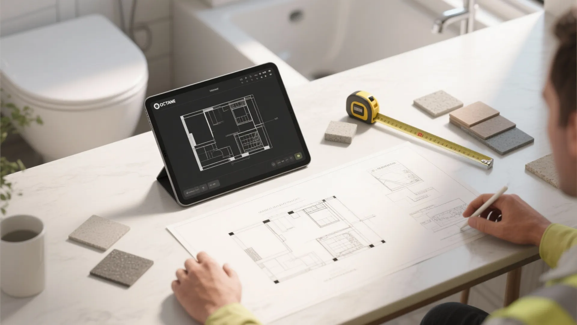 Top-down view of a room planner tablet, swatches and mockup for microcement bathroom