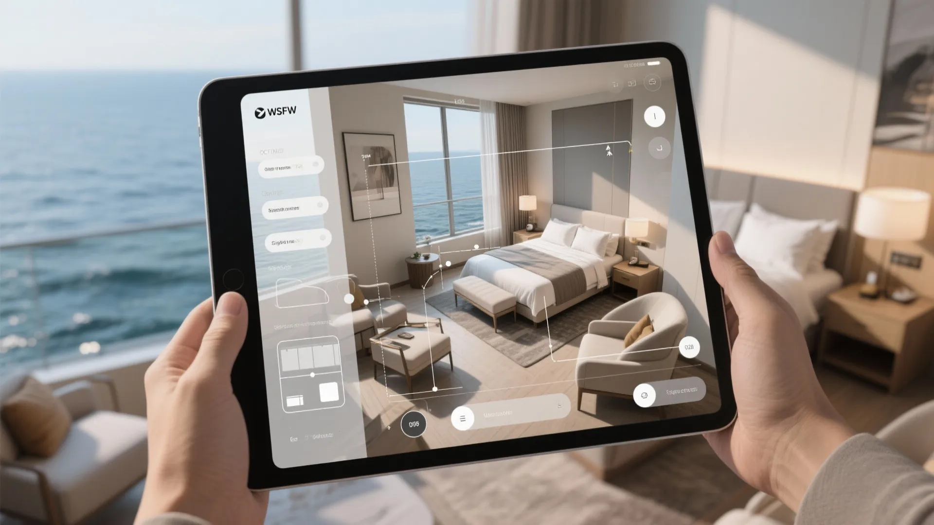 Tablet room-planner mockup testing sightlines and furniture scale for a small oceanfront suite