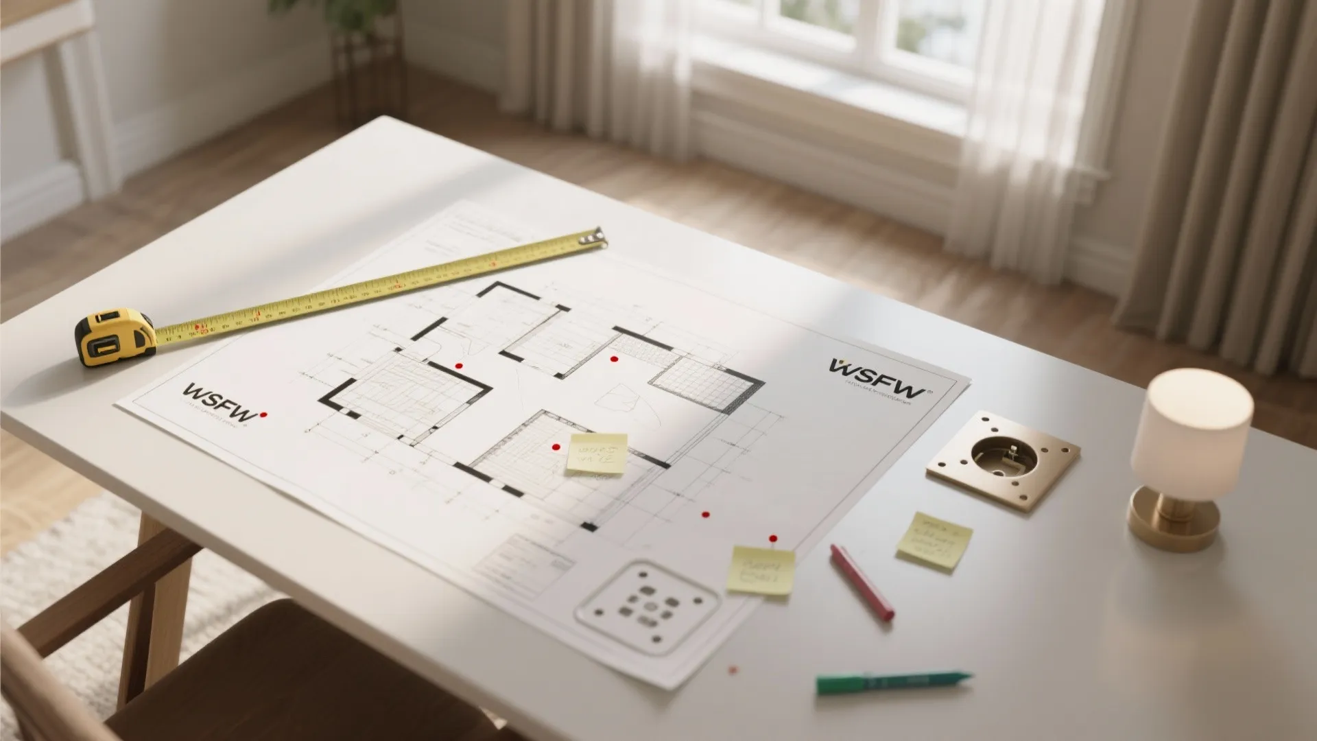 Interior design drawing with yellow measuring tape sticky notes and small lamp on white desk